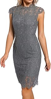 Lesstoe Women's Vintage Floral Lace Dress Knee Length Sleeveless Crew Neck Dress for Women