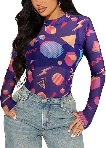 Camisa de manga larga de malla de los años 80 y 90 para mujer, trajes de fiesta temática de los años 90 y 80, trajes retro sexy de neón con cuello