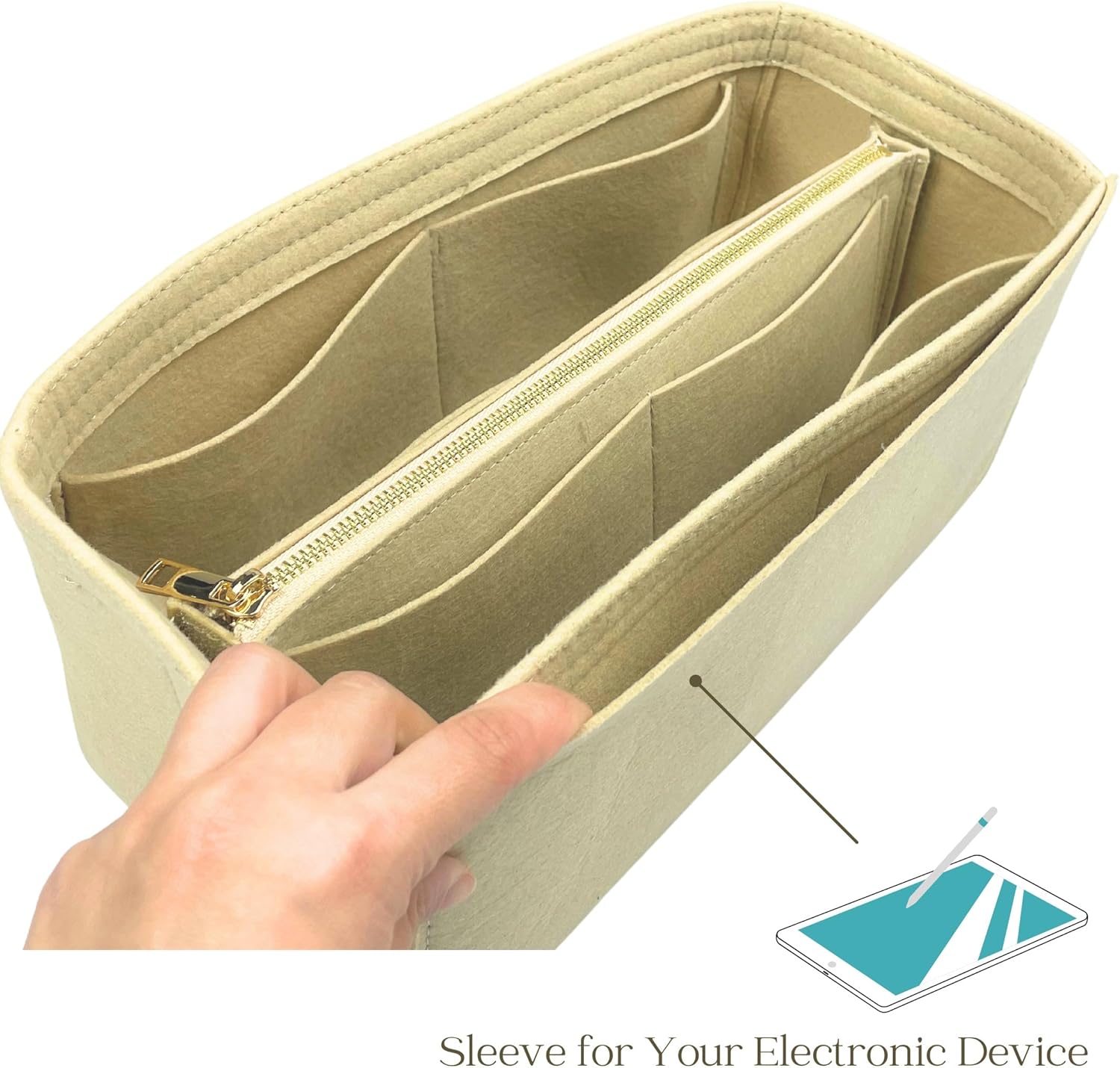 Organizer for Tote Bag, Small/Medium/Large/Extra-Large, Handmade Felt Insert with Middle Detachable Zipper Pouch (Medium, Olive)