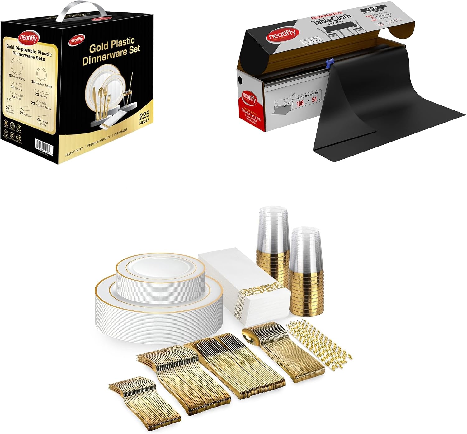 Neatiffy 225 Pcs Gold Rim Disposable Plastic Dinnerware + Plastic Table Cloth Roll | 54 in x 108 Ft Waterproof Table Cover for Wedding, Luxurious Party, Special Event