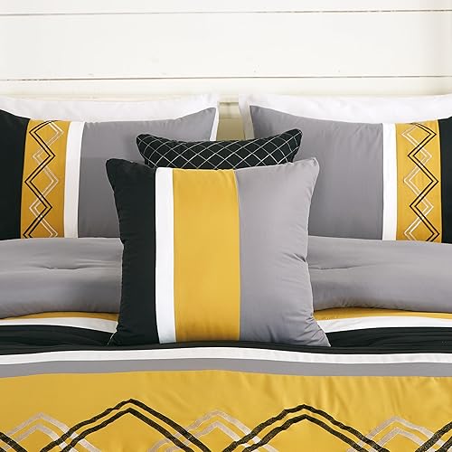 Vista 15 de Chezmoi Collection Arden - Juego de edredón moderno de 7 piezas con diseño de rayas plisadas bordadas en zigzag