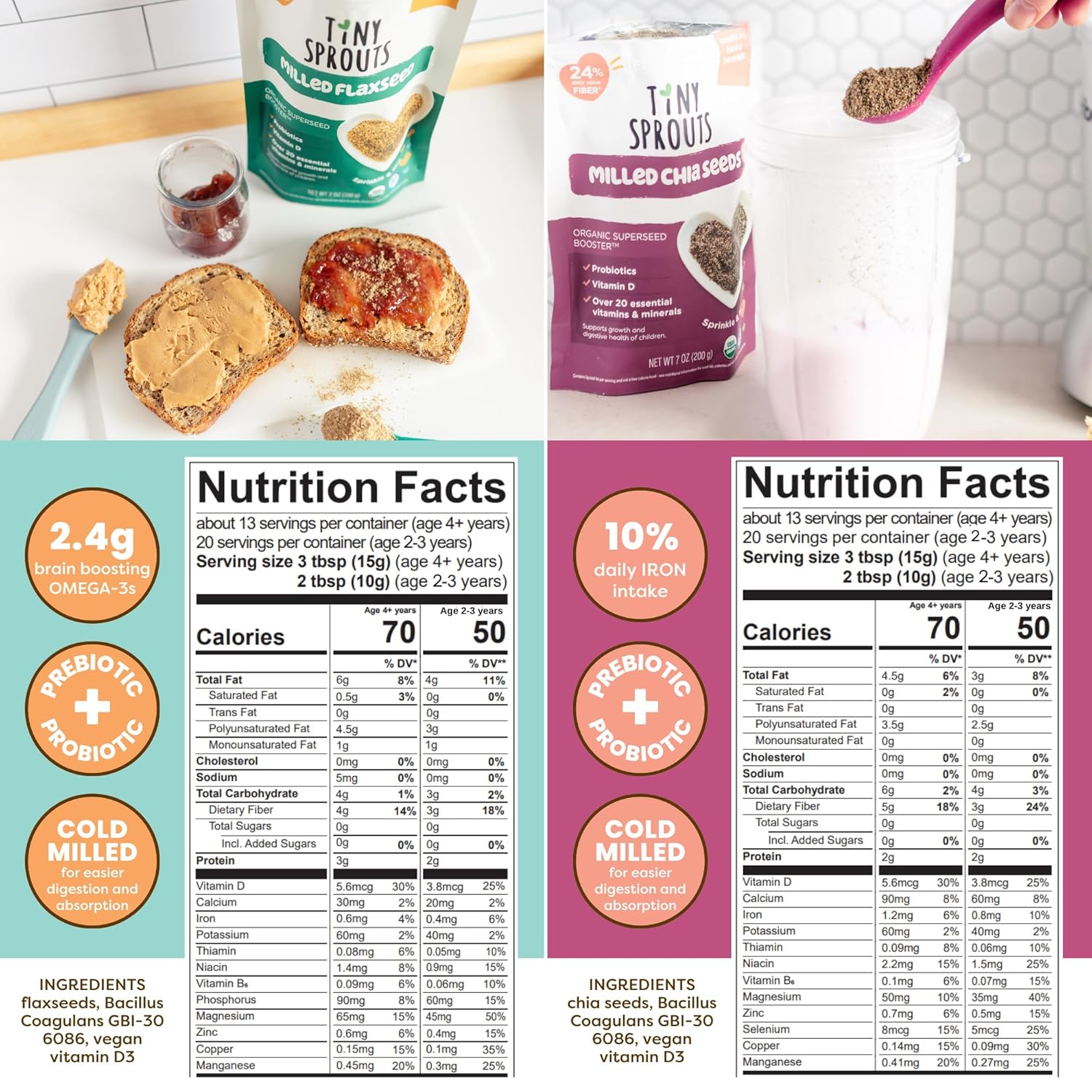 Tiny Sprouts Organic Superseed Variety Pack + Probiotics + Vitamin D3 | Flax • Chia • Hemp • Digestion Boosters | Complete Omega-3, Protein & Fiber Nutrition | Kids Superfood Nutrition Boosters for Brain, Gut & Immune Health | Gluten-Free Plant-Based Superfood | 7 oz x 4 Pack