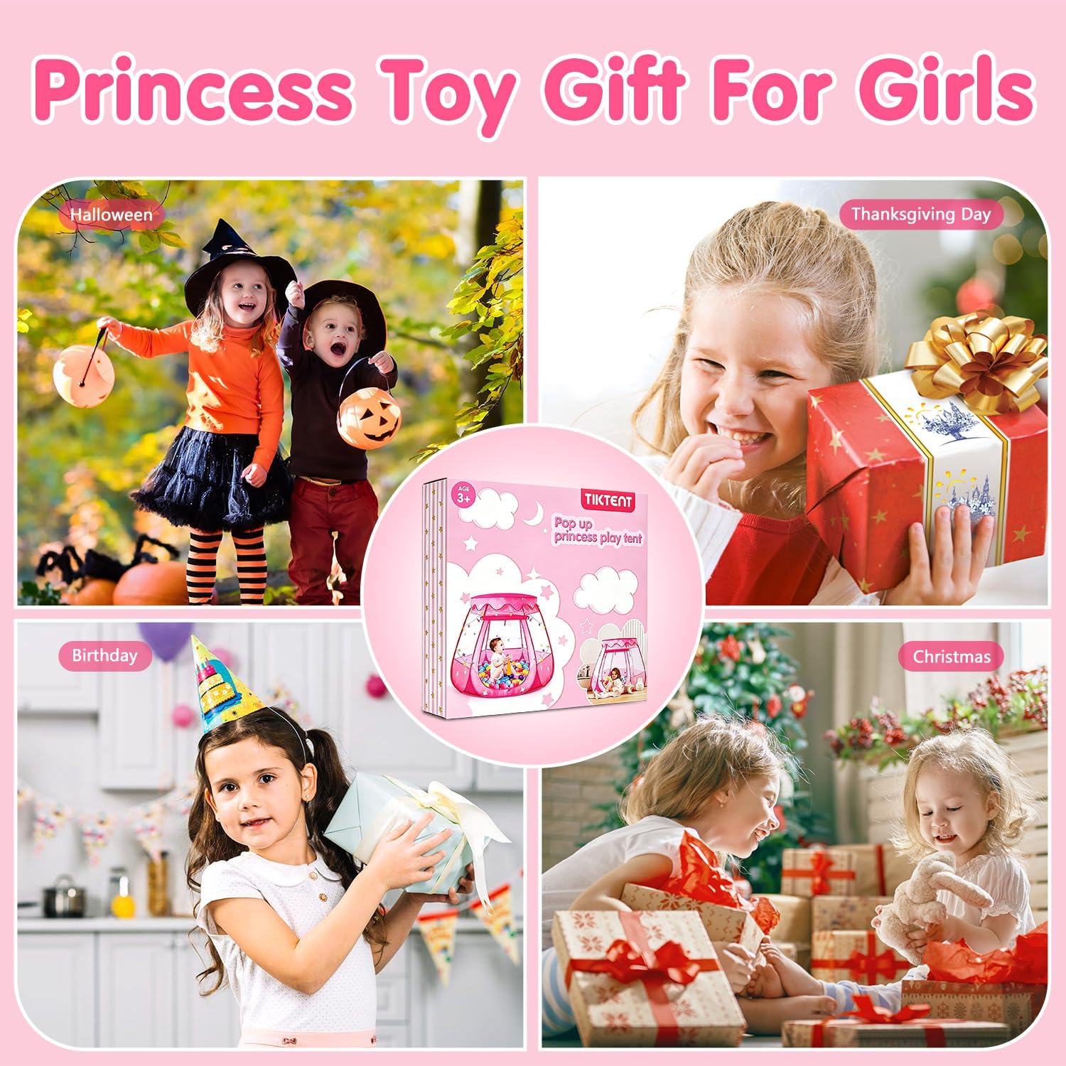 Pop Up Princess Tent with Colorful Star Lights for 1 2 3 Year Old Birthday Gift, 12-18 Months Baby Girl Toys, Foldable Ball Pit with Carrying Bag, Indoor&Outdoor Play Tent for Kids