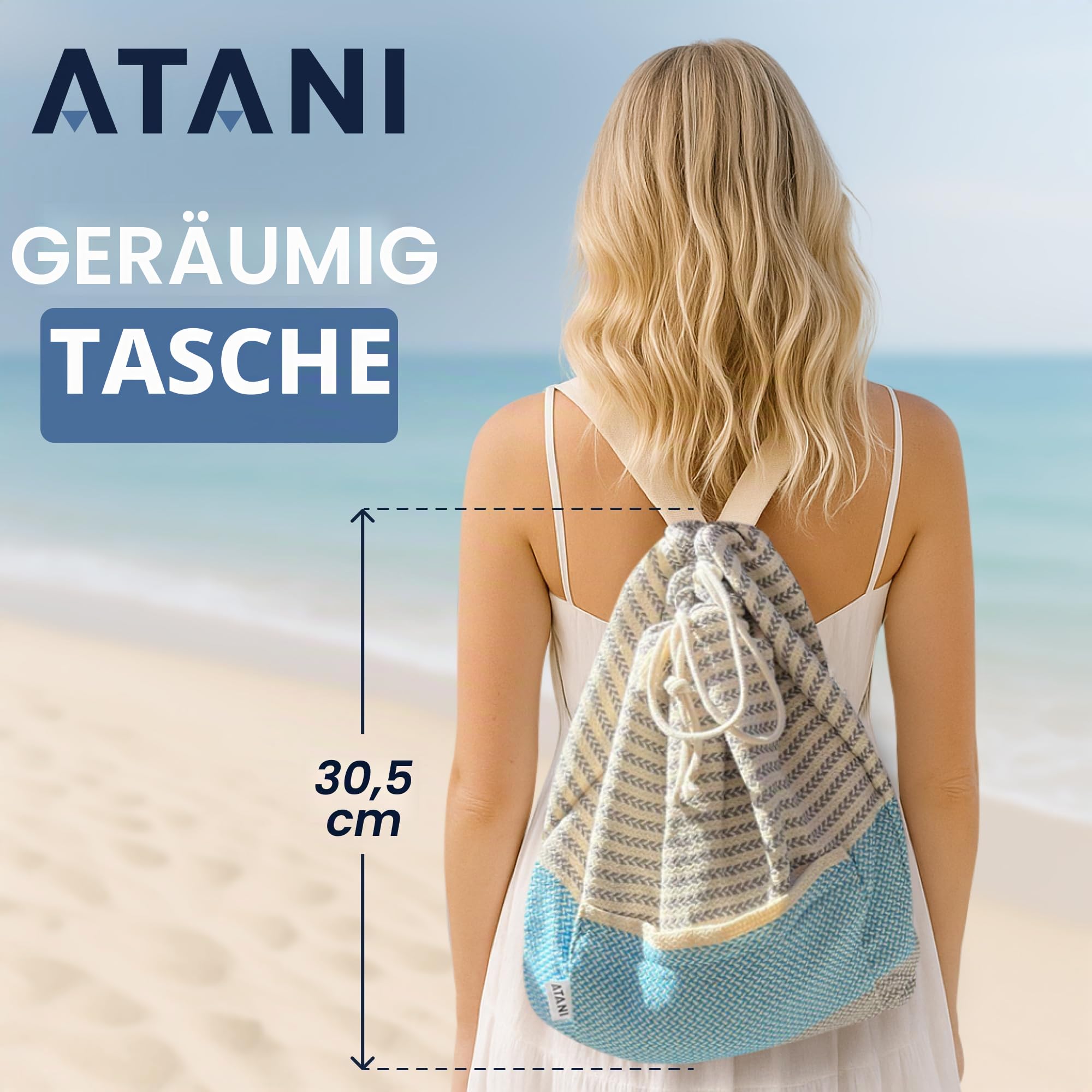 ATANI Türkisches Strandtuch, in eine Tasche umwandelbar, übergroßes Badetuch aus 100 % Baumwolle, leichtes und schnelltrocknendes Strandtuch für Reisen, Picknick, Camping, Yoga und Pool