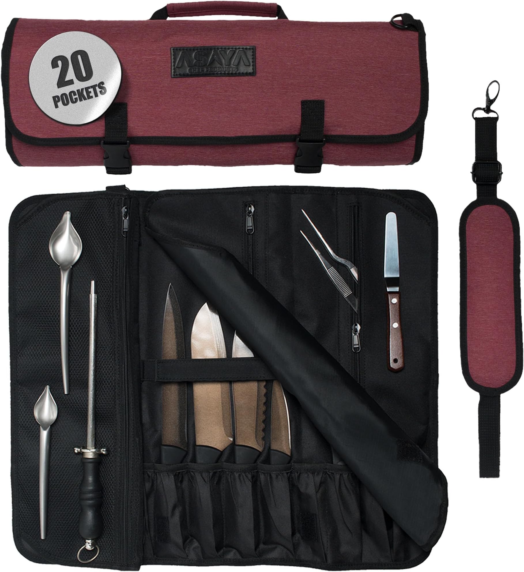 Asaya Waxed Nylon Chef Knife Roll Bag with 20 Slots and Zippered Pockets - Professional Chef Knife Bag & Storage Case, Tool Carrier with Shoulder Strap - Knives Not Included (Red)
