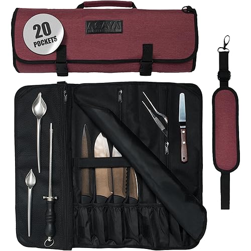 Asaya Waxed Nylon Chef Knife Roll Bag with 20 Slots and Zippered Pockets - Professional Chef Knife Bag & Storage Case, Tool Carrier with Shoulder Strap - Knives Not Included (Red)