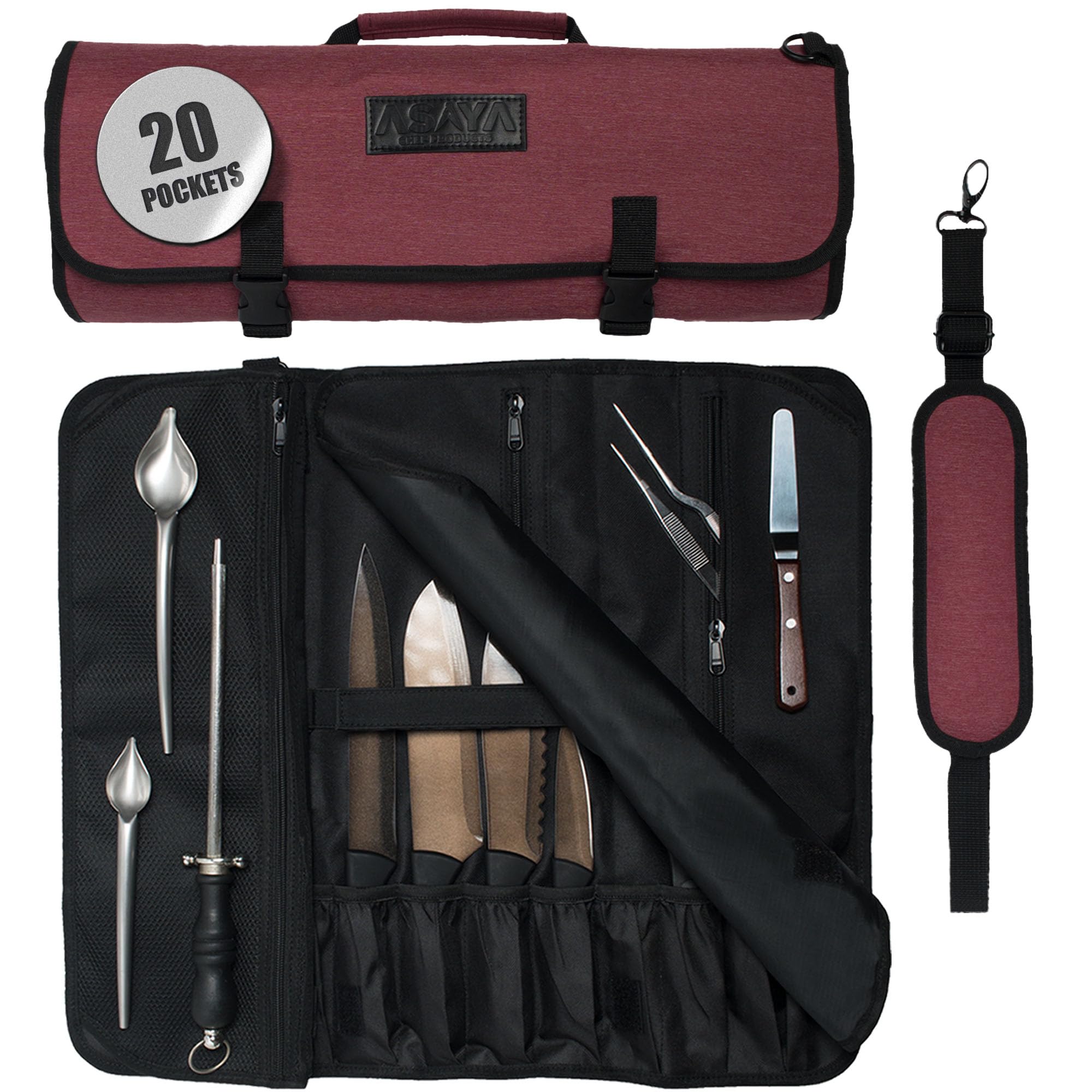 Asaya Chef Knife Roll Bag - 20 Total Pockets for Knives and Kitchen Utensils - Made with Stain Resistant Waxed Nylon - For Chefs and Culinary Students - Knives Not Included(Red)