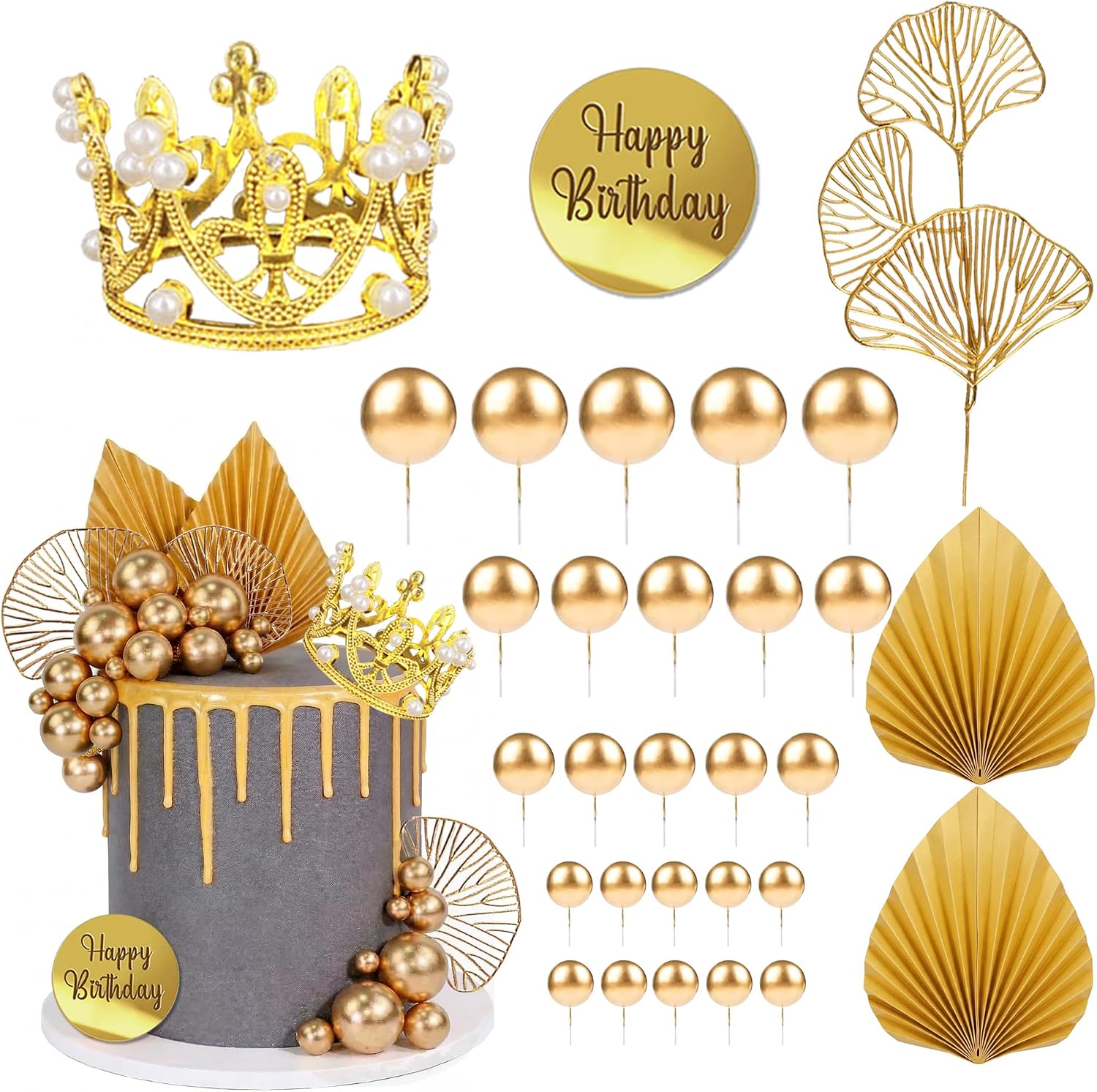 Balls Cake Toppers Crown Tiara Cake Topper Happy Birthday Cake Decorations for Birthday Boho Wedding Baby Shower Party Decorations (Black Gold)