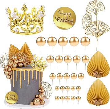 Balls Cake Toppers Crown Tiara Cake Topper Happy Birthday Cake Decorations for Birthday Boho Wedding Baby Shower Party Decorations Gold