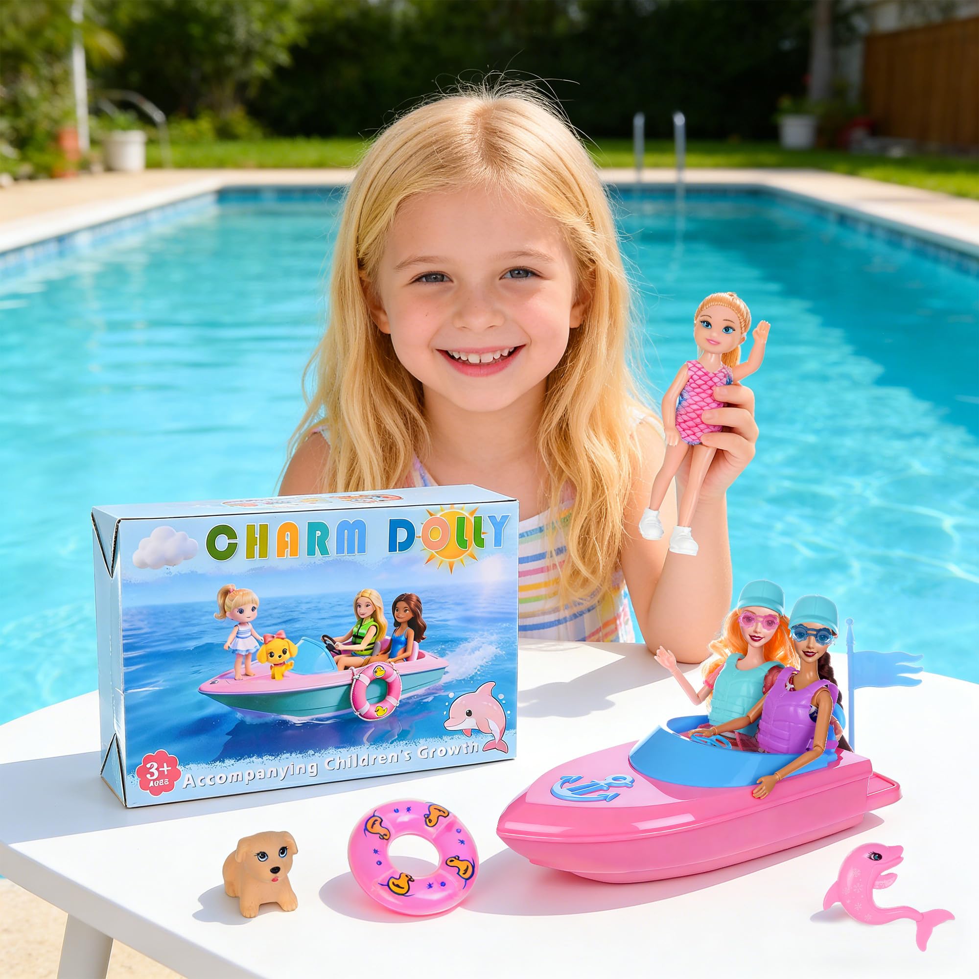 dollbie 11,5 Zoll Modepuppen und Boot Spielset - 3 Puppen mit Badebekleidung, Schwimmwesten, Zubehör, Haustier Welpe und Delfin Spielzeug - Sommer Strand Abenteuer Geschenkset für Mädchen