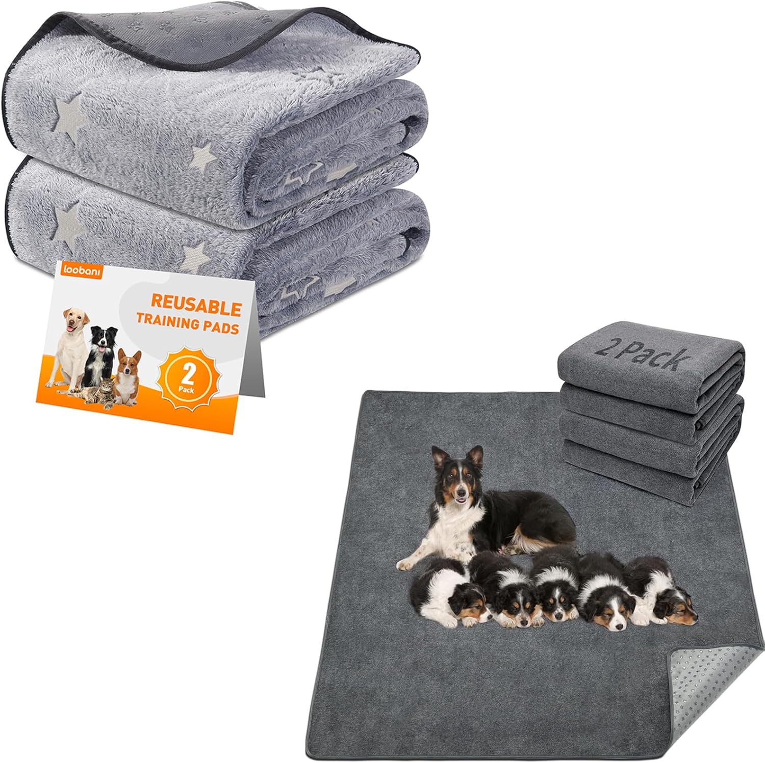 LOOBANI Washable Pee Pads for Dogs, Fast Absorption Reusable Puppy Pads 48x48 in 2 Packs, Grey