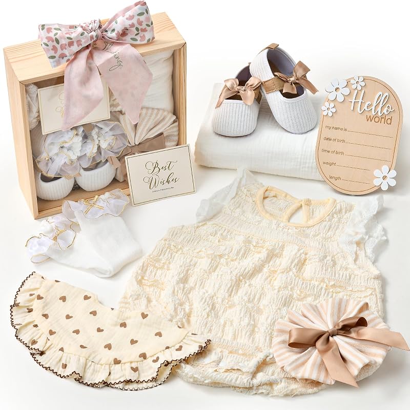 Golray Wooden Baby Gift Basket Newborn Girls Baby Shower Gifts Cloth Set with Bodysuit/Soft Shoes/Socks/Blanket/Bib/Headband/Wood Milestone, New Born Baby Girl Clothes Gender Reveal Gift Stuff