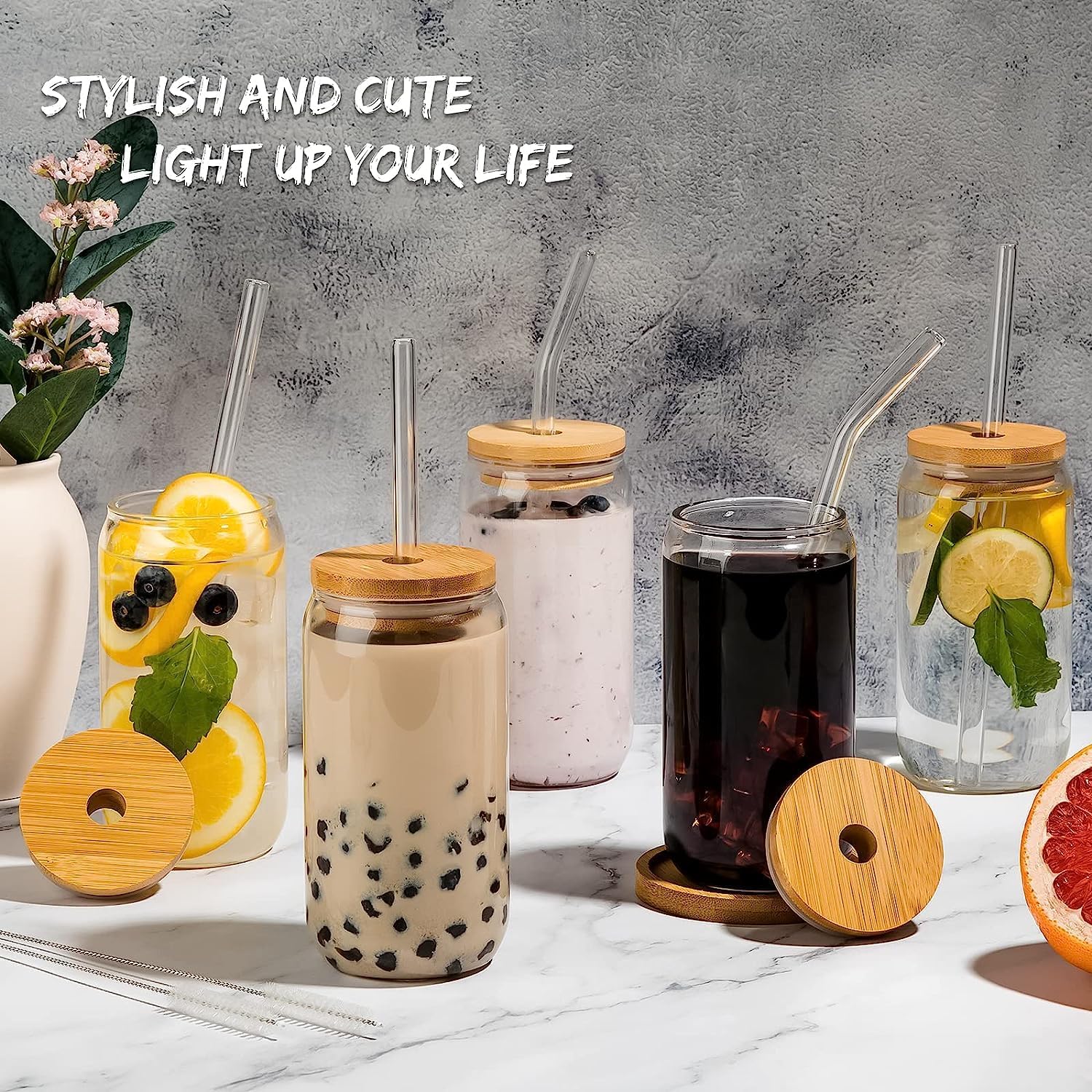 KriVat Drinking Glasses with Bamboo Lid and Glass Straw Pack of 1 500ML, Beer Glass Mojito Soda Smoothies Whiskey Iced Coffee Cocktail Tea Juice 4