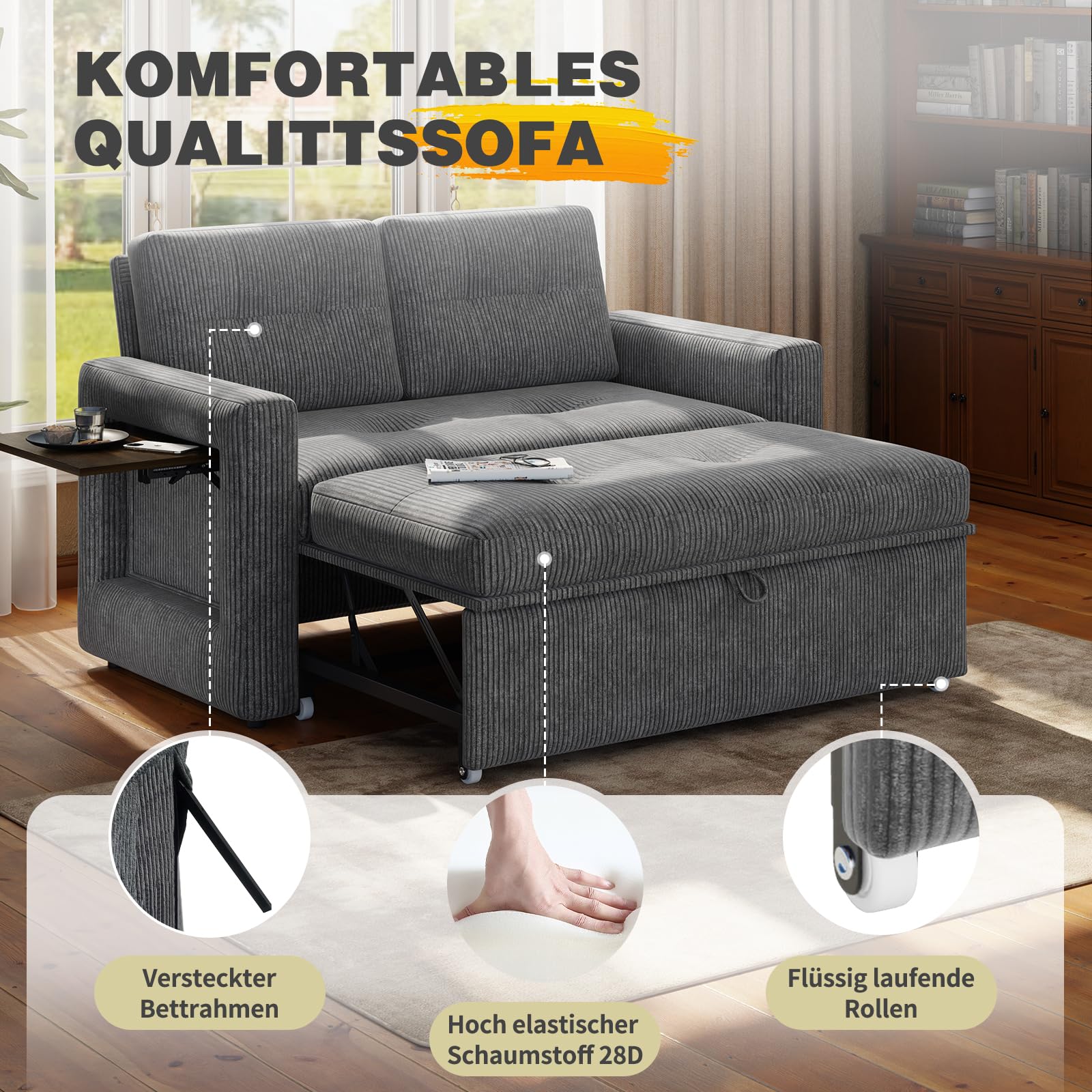 YOUDENOVA Schlafsofa mit 5-stufig Verstellbarer Rückenlehne, 2 Sitzer Sofa mit Schlaffunktion, Sofa Bed mit Tisch, Schlafcouch mit Bettfunktion, Couch Ausziehbar, 177x135 cm, Cord Grau