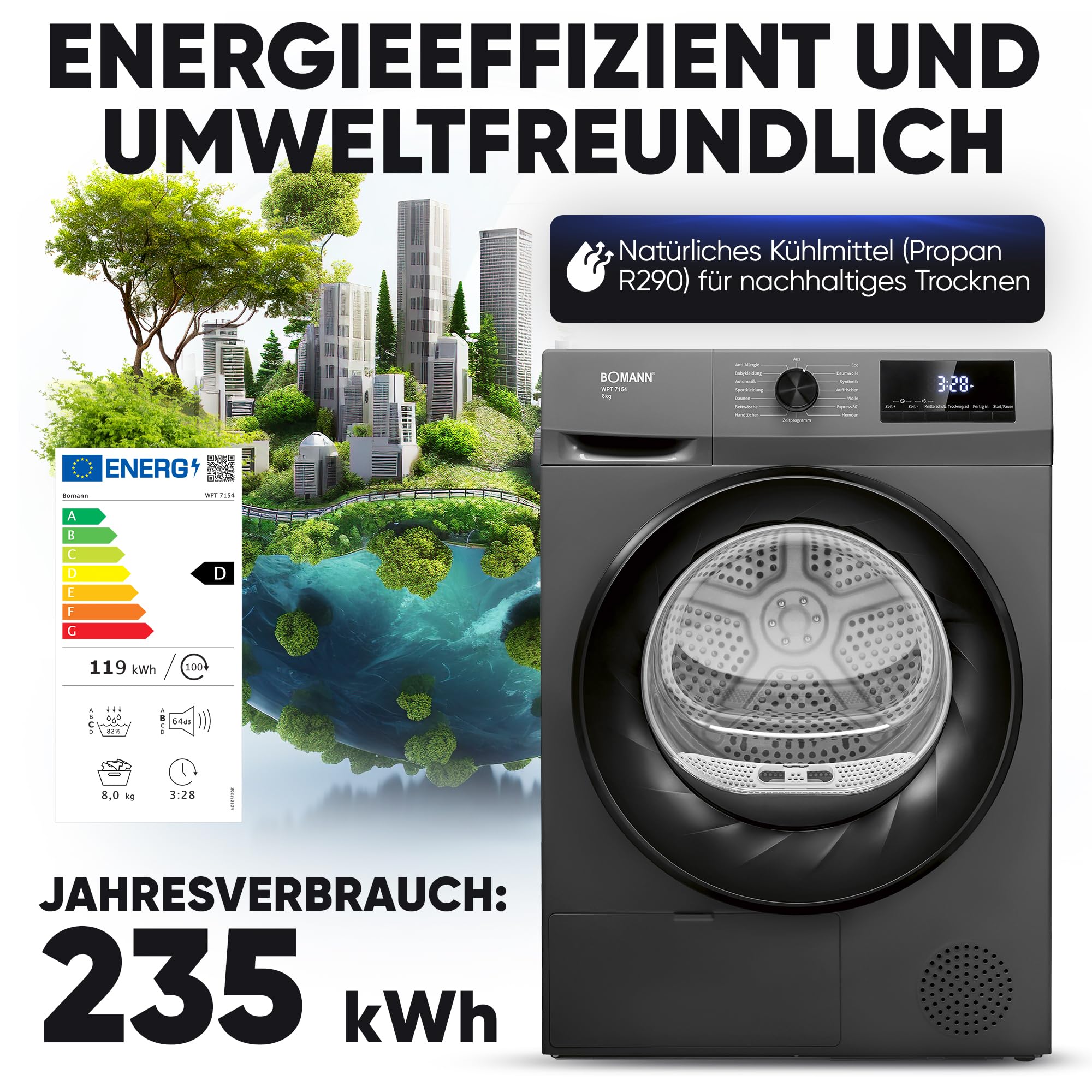 Bomann® Wärmepumpentrockner 8kg | kein Wasseranschluss nötig | Trockner m. Antiknitterfunktion | Wäschetrockner 15 Programme | Kondenstrockner | umweltfreundliches Kühlmittel R290 | WPT 7154 titan