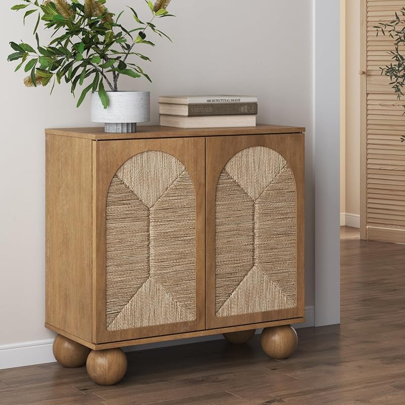 Nathan James Leah Boho Entryway Storage Cabinet or Sideboard Cabinet for Kitchen or Living Room with Ball-Style Feet, Natural Seagrass Door Fronts and Solid Wood Legs, Light Brown