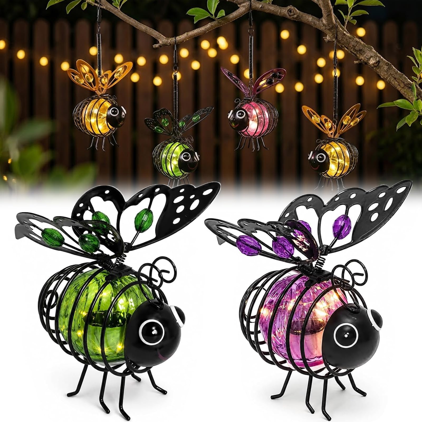 Solar-Powered Hanging Bee Light for Garden, Flicker-Free, Waterproof，2pcs F