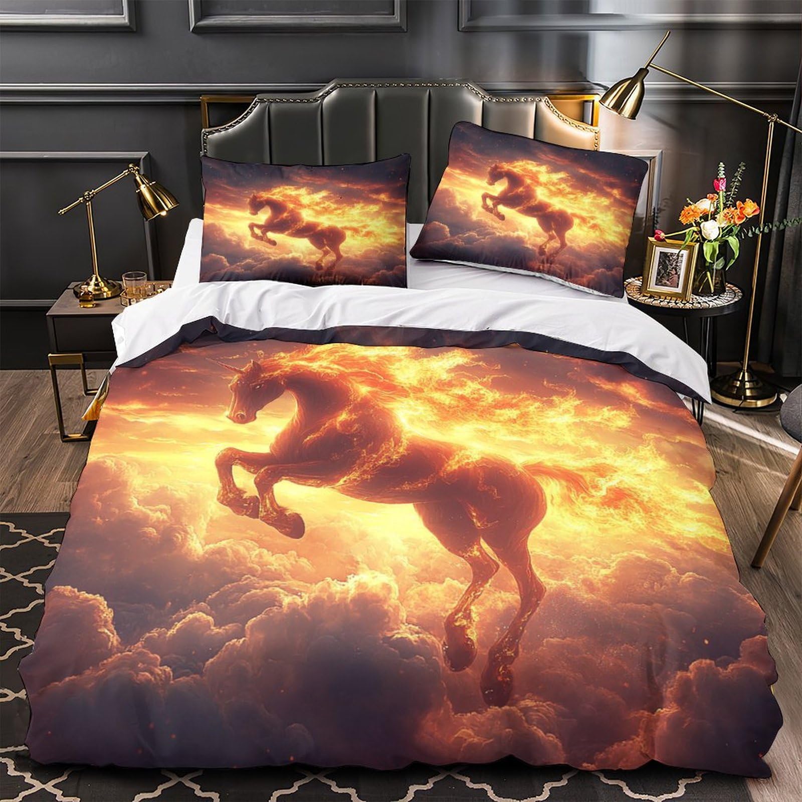 Parure housse de couette licorne mythique 3D 260x220 drap de couette cheval de feu respirant
