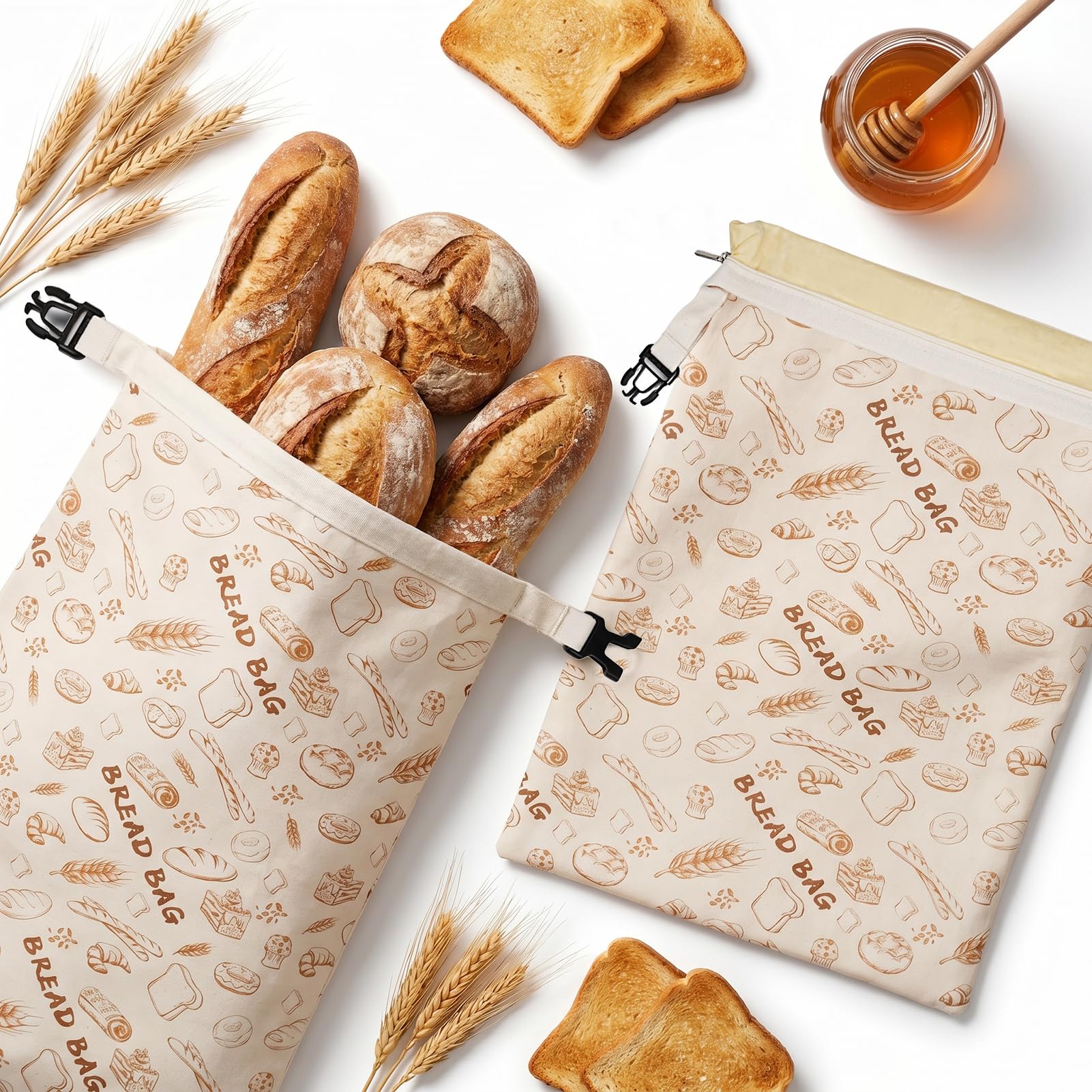 2er Set Reißverschluss & Wiederverwendbare Bienenwachs Brotbeutel – 33x43cm, Baumwolle Aufbewahrungsbeutel für selbstgebackenes Brot, Sauerteigbrot & Backwaren – Kühlschrank & Gefrierfach geeignet