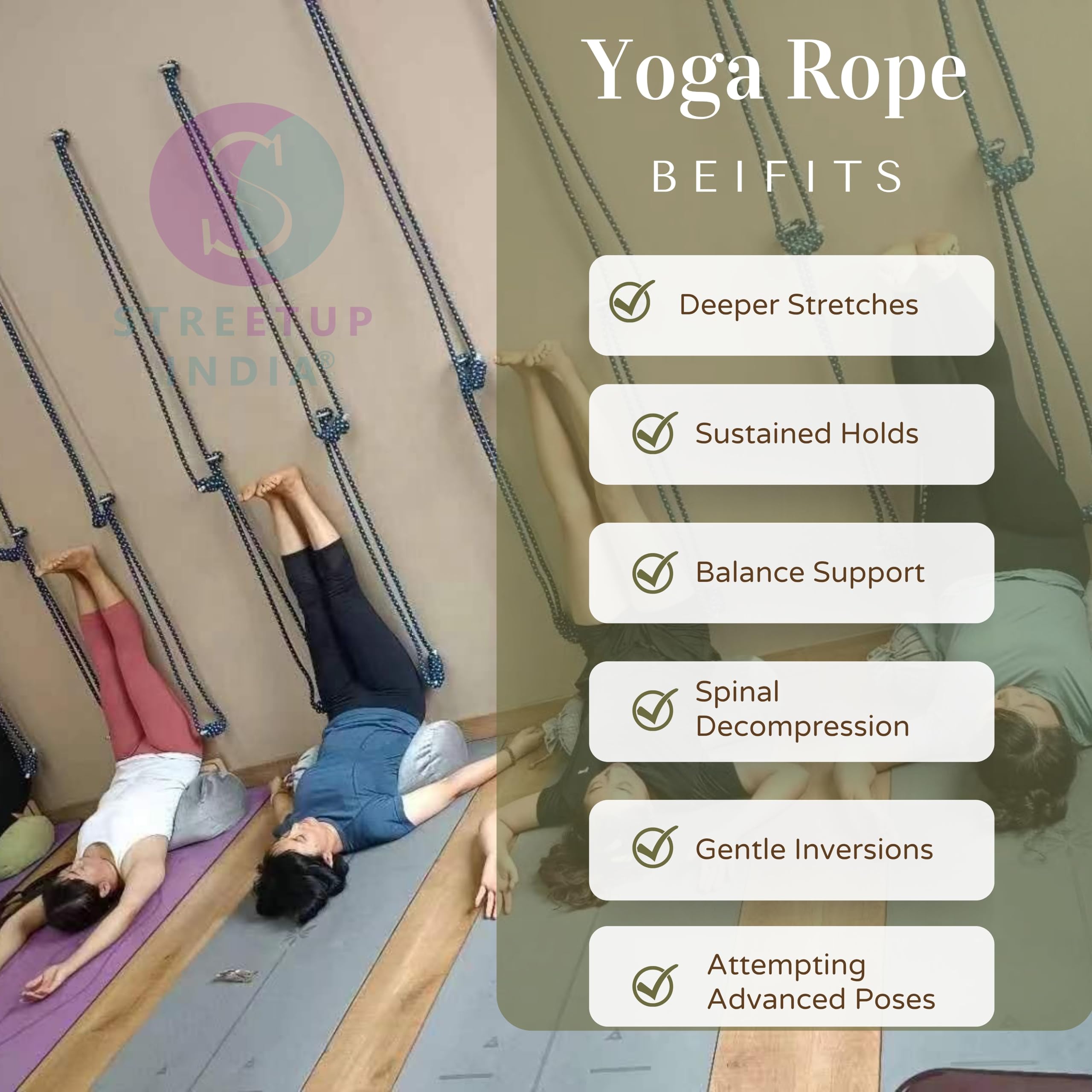Streetup India® Iyengar Yoga Anti-Gravity Cotton 8FT Long Yoga Wall Rope for Stretch/Flexiblity/Exercise and Iyengar Yoga (Black, 8FT-With Hook) 4