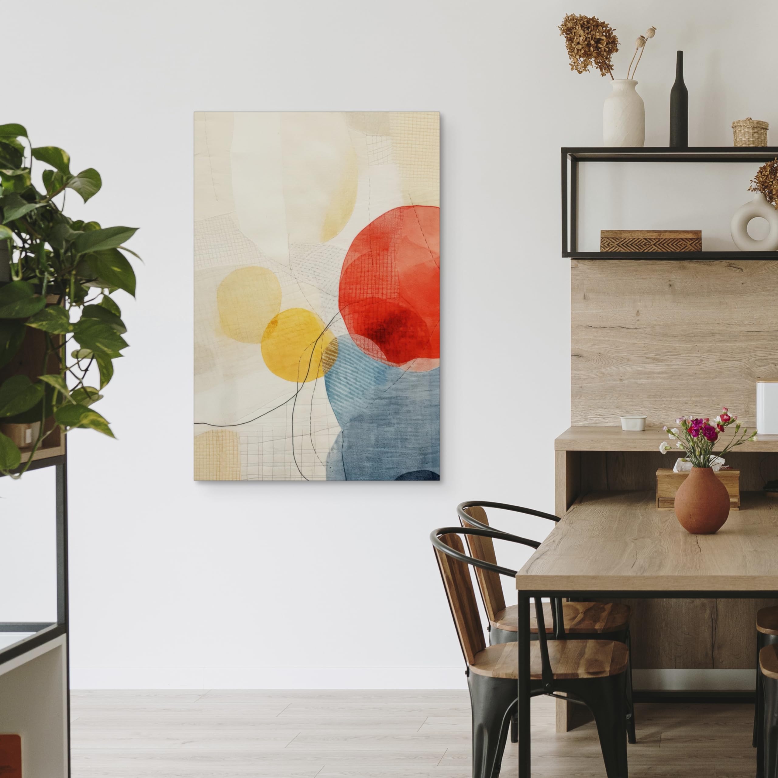 WALLERO Cuadro en lienzo Boho círculos y bocetado líneas – Decoración de pared moderna e impresión artística | Cuadro para salón dormitorio cocina recibidor 40x60 cm