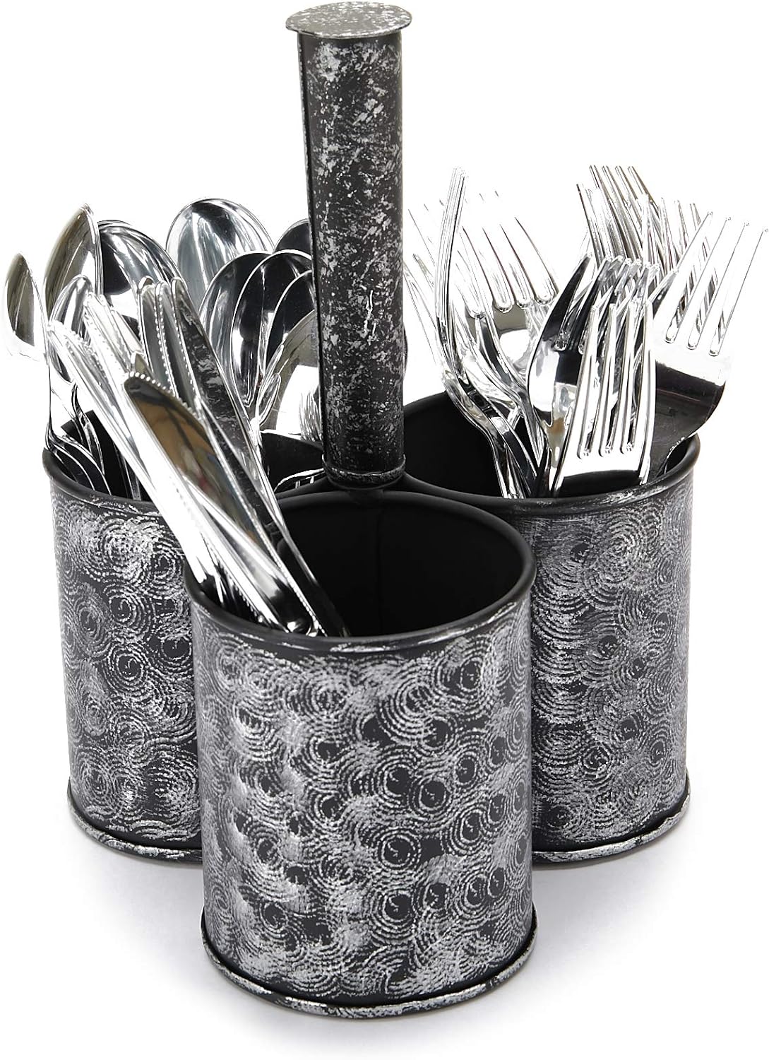 Mind Reader Utensil Caddy [3 Round Compartment] Metal Rustic Flatware Organizer, Silverware Storage, Cooking Utensils Holder for Kitchen, Restaurants, Outdoor, Picnics, and Camping (BLACK PRINT)