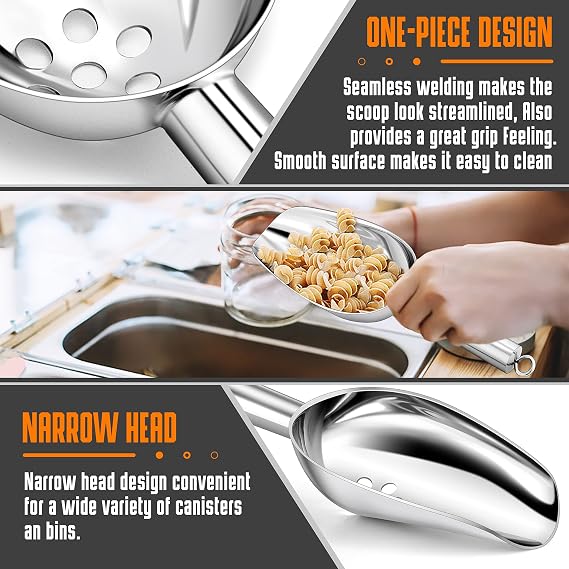 HaWare 8 Ounce Stainless Steel Ice Scoops with Drain Holes | Heavy Duty Food Scoops, For Ice Maker Freezer Kitchen Bar, Utility Scooper For Candy Coffee Bean Cereal
