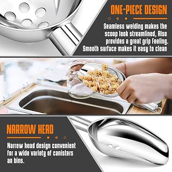 HaWare 8 Ounce Stainless Steel Ice Scoops with Drain Holes | Heavy Duty Food Scoops, For Ice Maker Freezer Kitchen Bar, Utility Scooper For Candy Coffee Bean Cereal