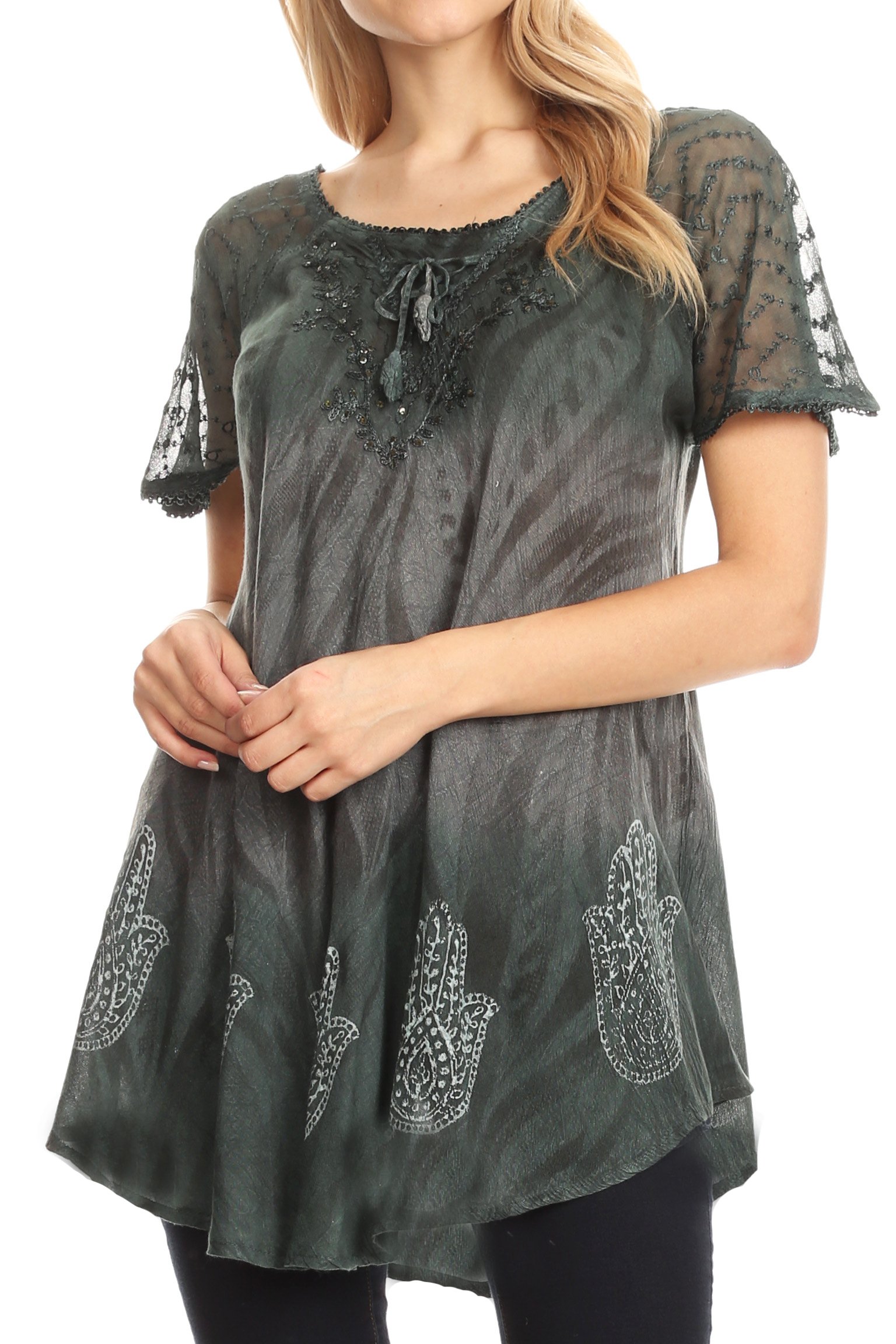 Sakkas Lily Casual Everyday Summer Short Sleeve Top Blouse with Block Print &amp; Lace