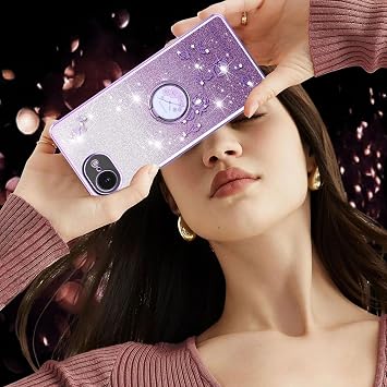 iPhone 16e用16ではありません女性用ケース、ラグジュアリーメッキ キラキラ キラキラ キラキラ フラワー 耐衝撃ケース リングスタンド付き Apple 16e.フラワーパープル