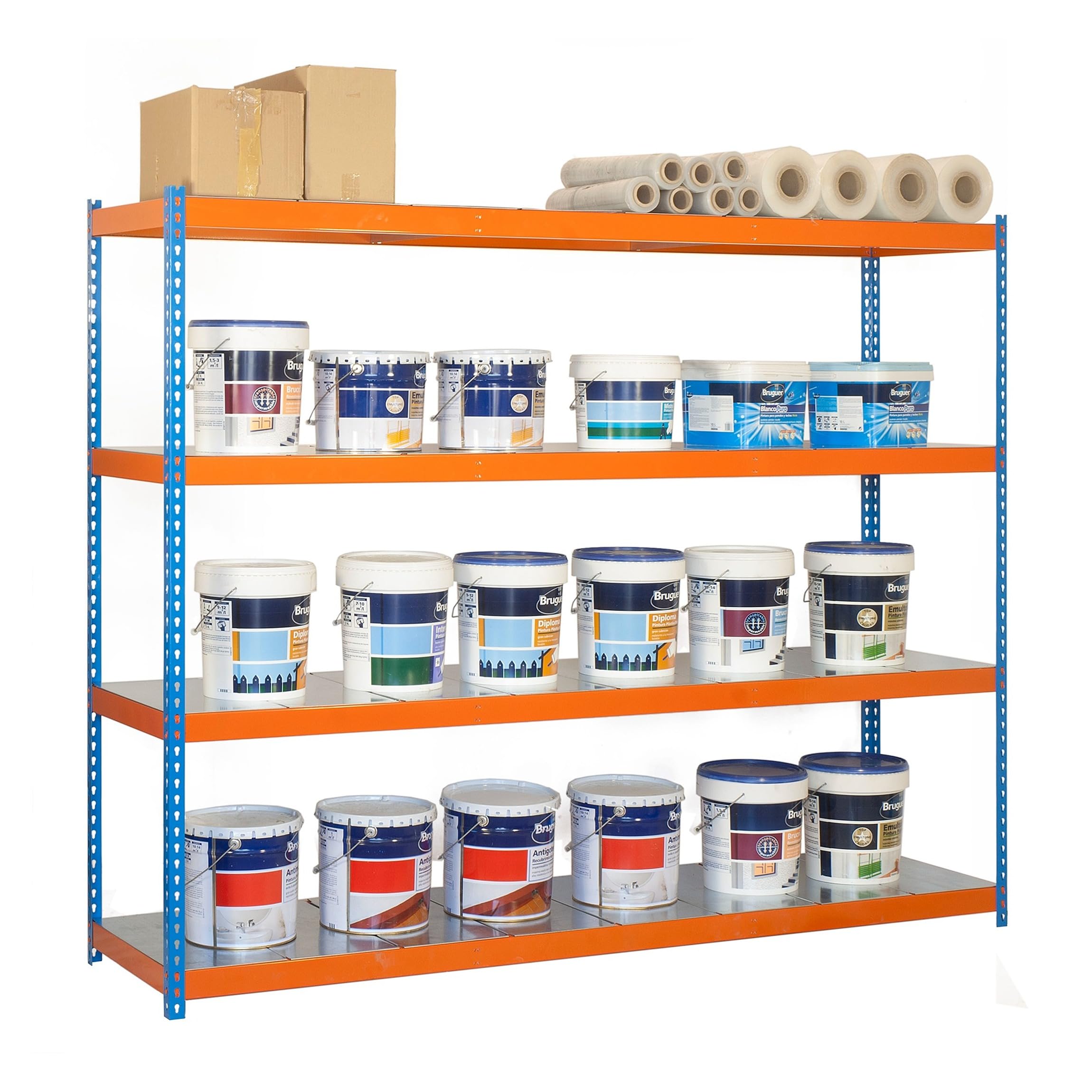 Simon Rack Estanteria Industrial, 2000x1500x450 mm, 600 kg de Punto Flexión, 4 Estantes, Estanterias Almacenaje, Estanterias Metalicas, Azul/Naranja/Galva - SimonTaller