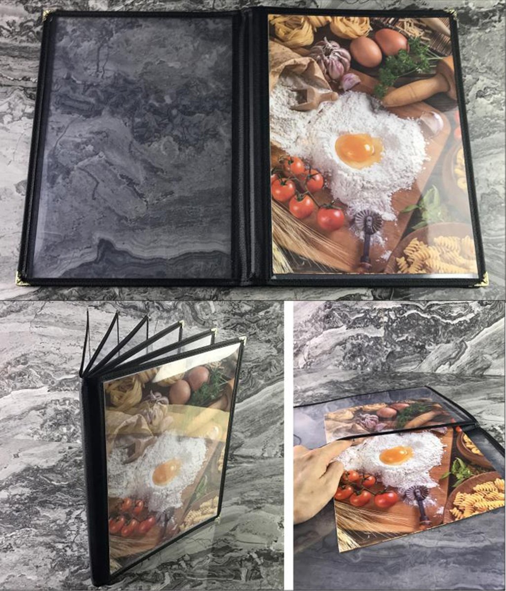 Collage showing Cosmos Menu Cover Book in use, open, and pages being inserted