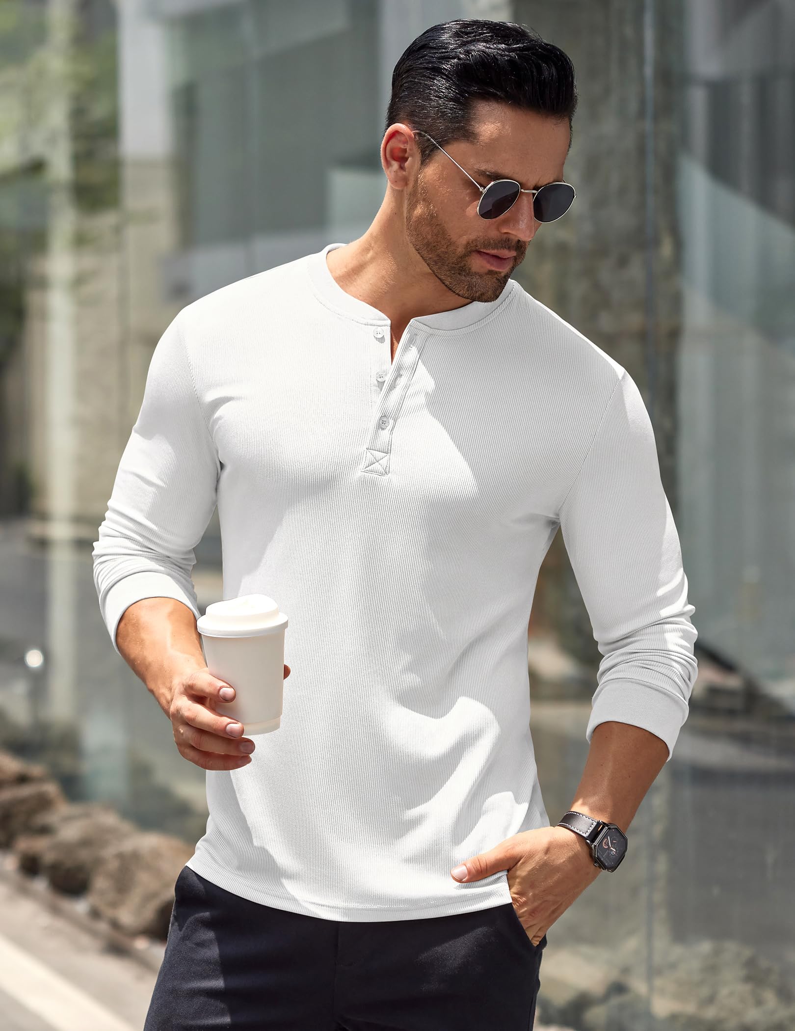 COOFANDY Langarmshirts für Herren Henley Shirt Longsleeve Tshirt mit Knopfleiste Langarm Shirt Long Sleeve T-Shirt Gerippt Henley Pullover