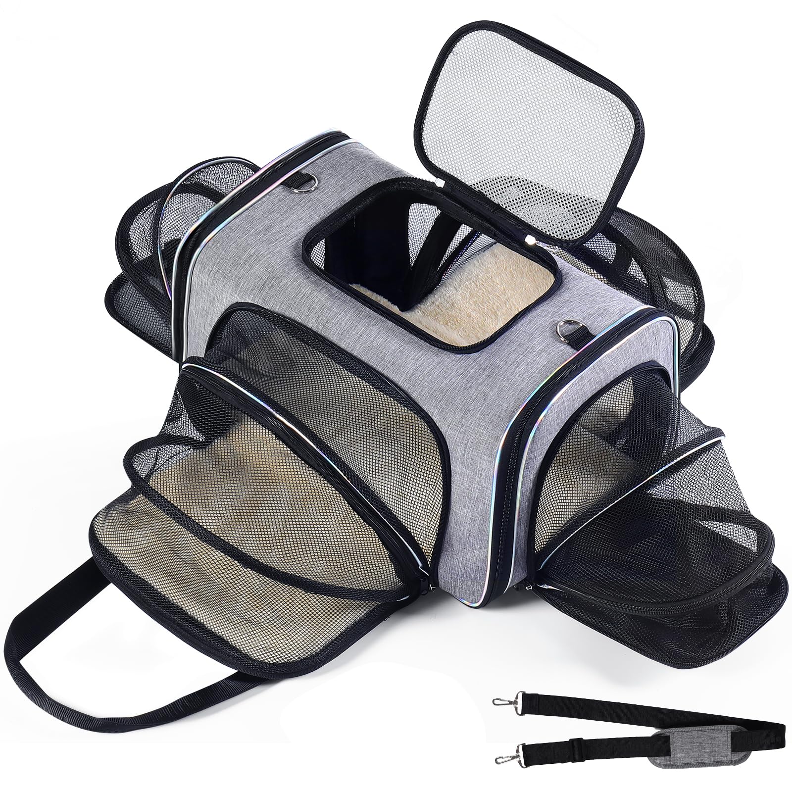 Airline Approved Cat Carrier Under Seat, 4-Way Expandable & Collapsible Soft-Sided Pet Carrier with Removable Fleece Pad - TSA Compliant for Cats, 18x11x11.5in Car & Plane Travel, Vet Visits