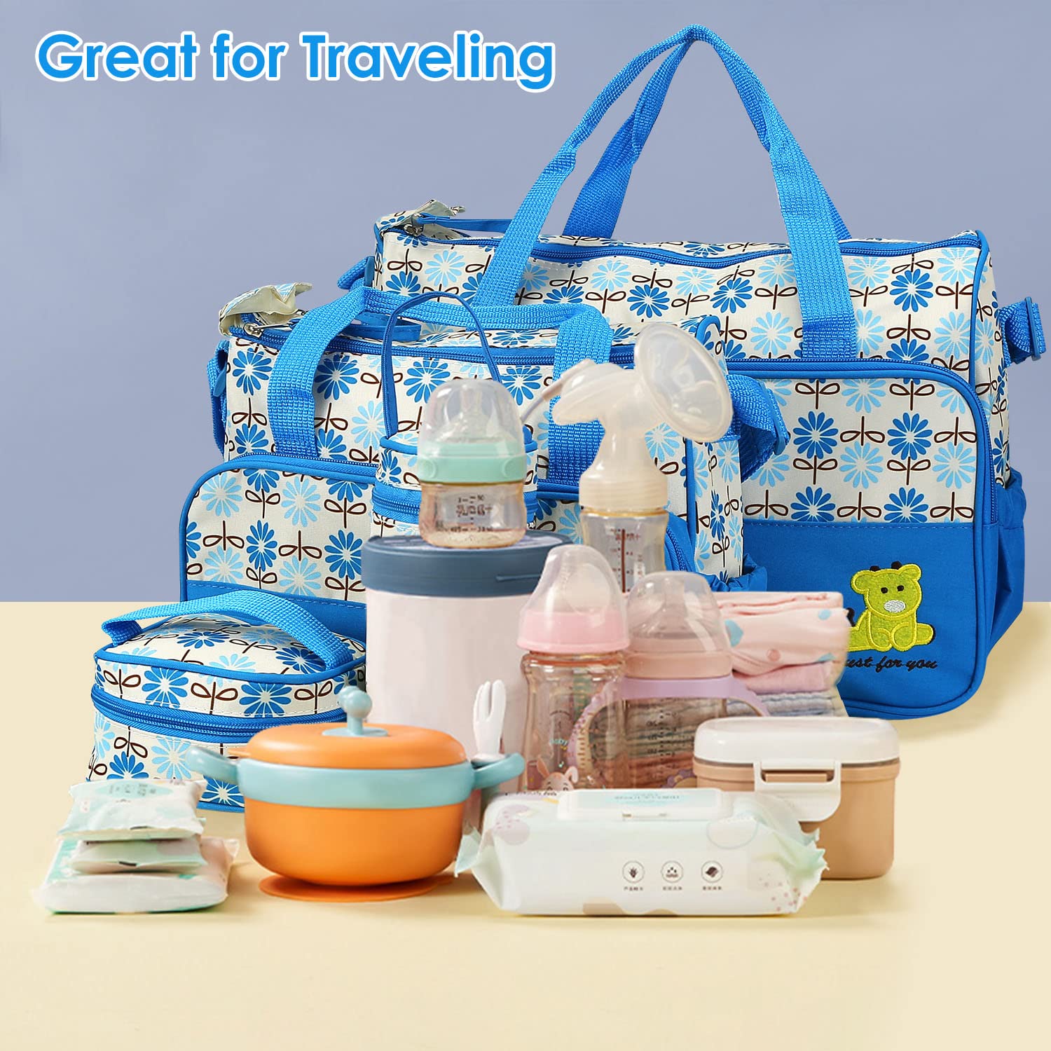 KOCASO Diaper Bag Tote Set for Baby Boy,5 Piece Diaper Changing Totes Set with Changing Pad, Large Travel Diaper Tote for Mom and Dad, Multifunction Baby Bag for Boys and Girls