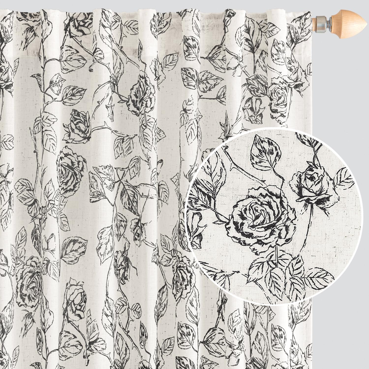 Vintage Floral Linen Curtains - Black Botanical Pattern, Neutral Cream, 84 Inch Long, Light Filtering, Farmhouse Country Style Drapes - 2 Panel Set,