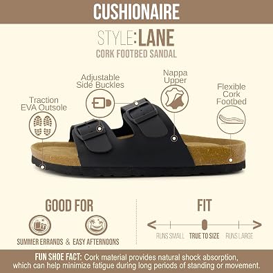 CUSHIONAIRE Lane Cork Footbed Womens Sandals Comfortable Double Buckle Slip On Sandals for Women with Arch Support and Classic Two Strap Design