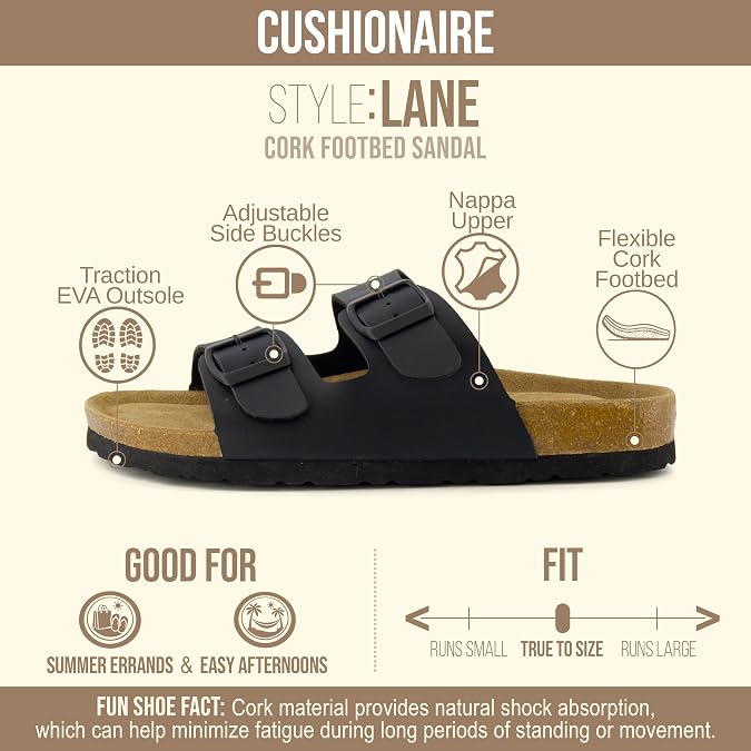 CUSHIONAIRE Lane Cork Footbed Womens Sandals Comfortable Double Buckle Slip On Sandals for Women with Arch Support and Classic Two Strap Design