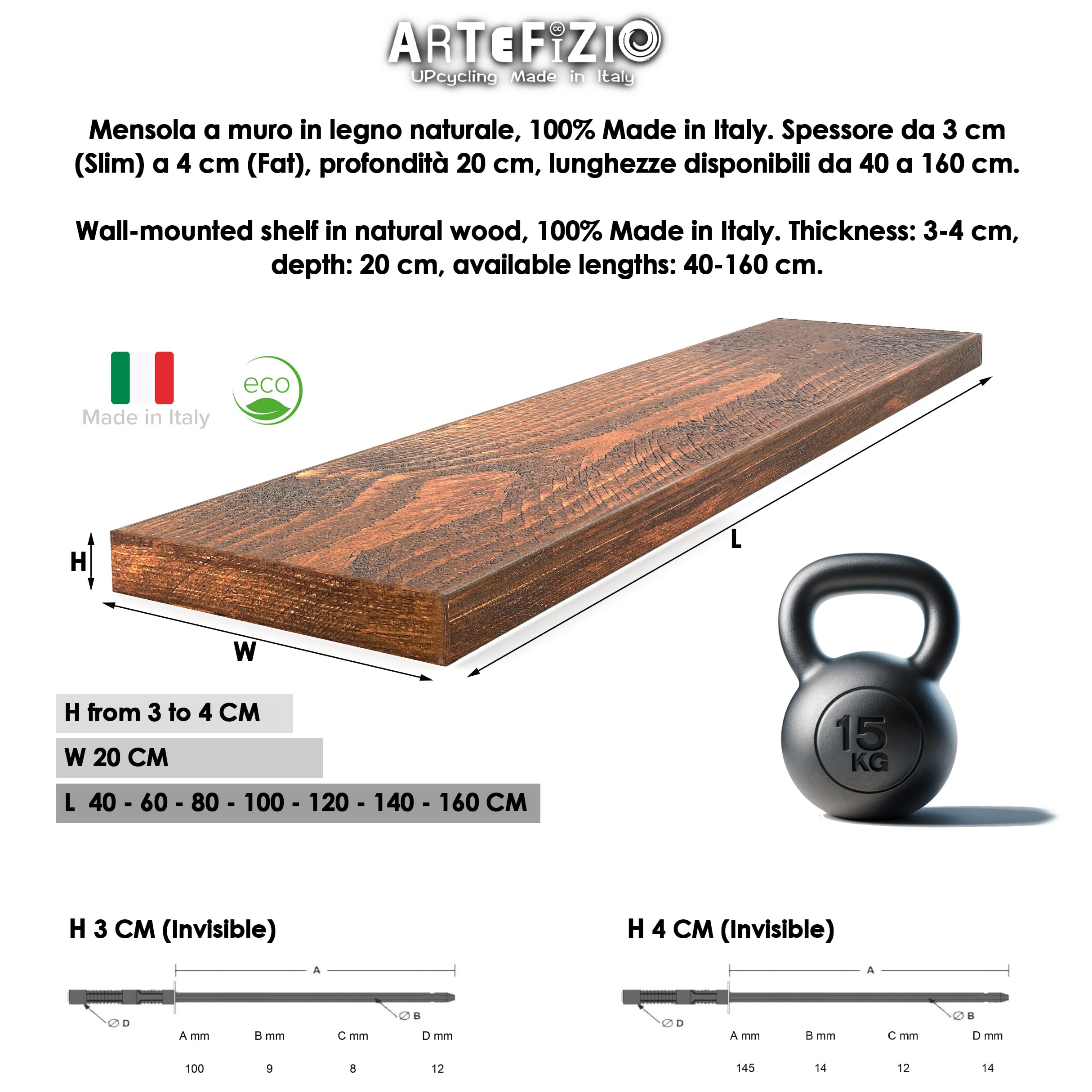 Mensola in Legno Massello Sospesa a Parete, Ripiano Artigianale, 7 Colori, Varie Dimensioni, Arredamento Bagno, Cucina, Camera da Letto, Ufficio, Made in Italy (Fat, White, W20xH4xL100 cm)