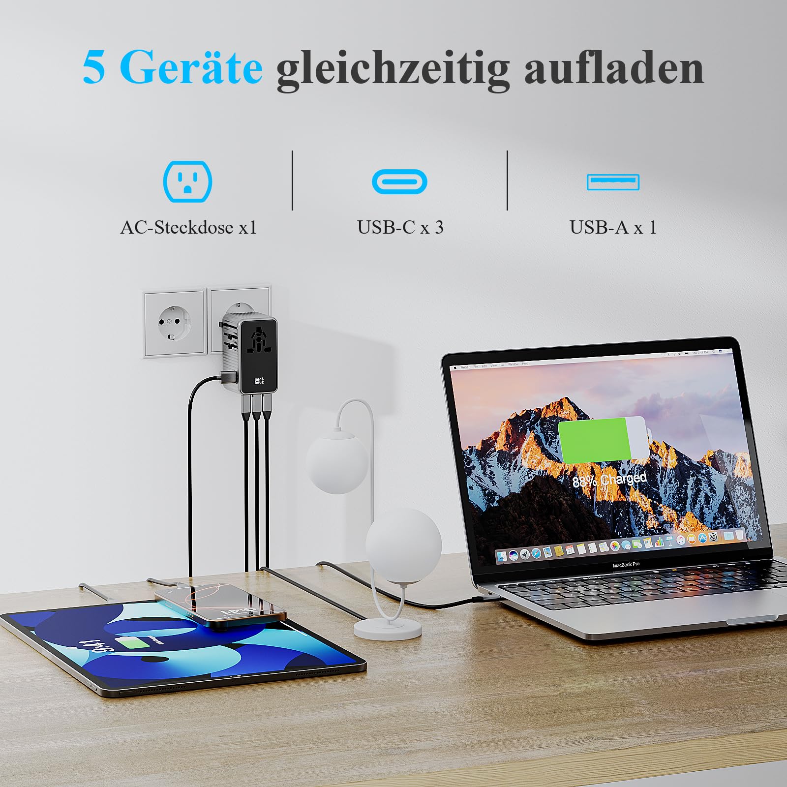 Minthouz Reiseadapter Weltweit,GaN Ⅲ PD 140W Universal Reisestecker mit 3 USB C und 1 USB A，Internationaler Steckdosenadapter,Power Adapters,Universaladapter für UK USA Japan Thailand Australien