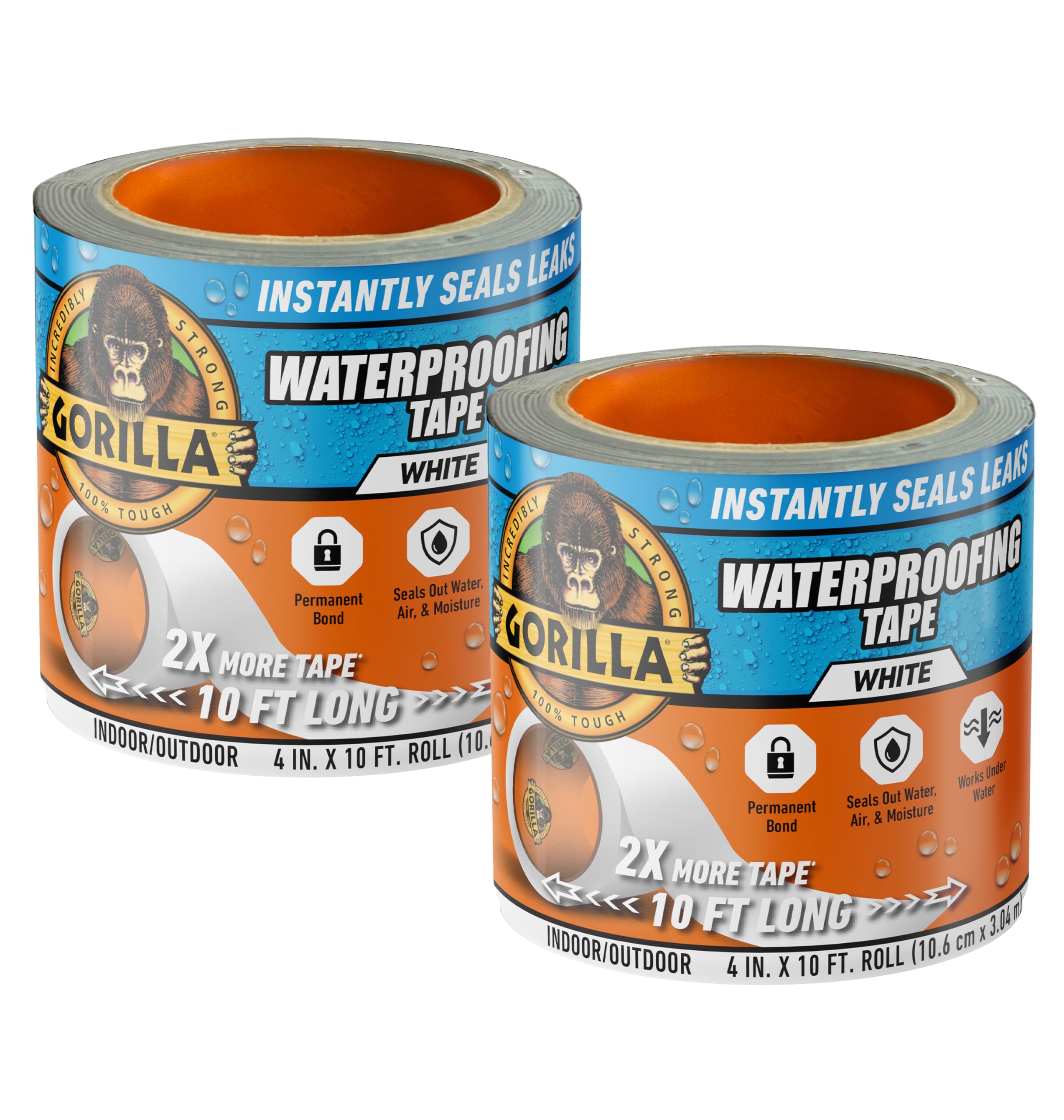 Gorilla Waterproof Patch & Seal Tape, White Tape, 4" x 10' (Pack of 2) - Permanent Weather Resistant Seal for Leaks and Repairs