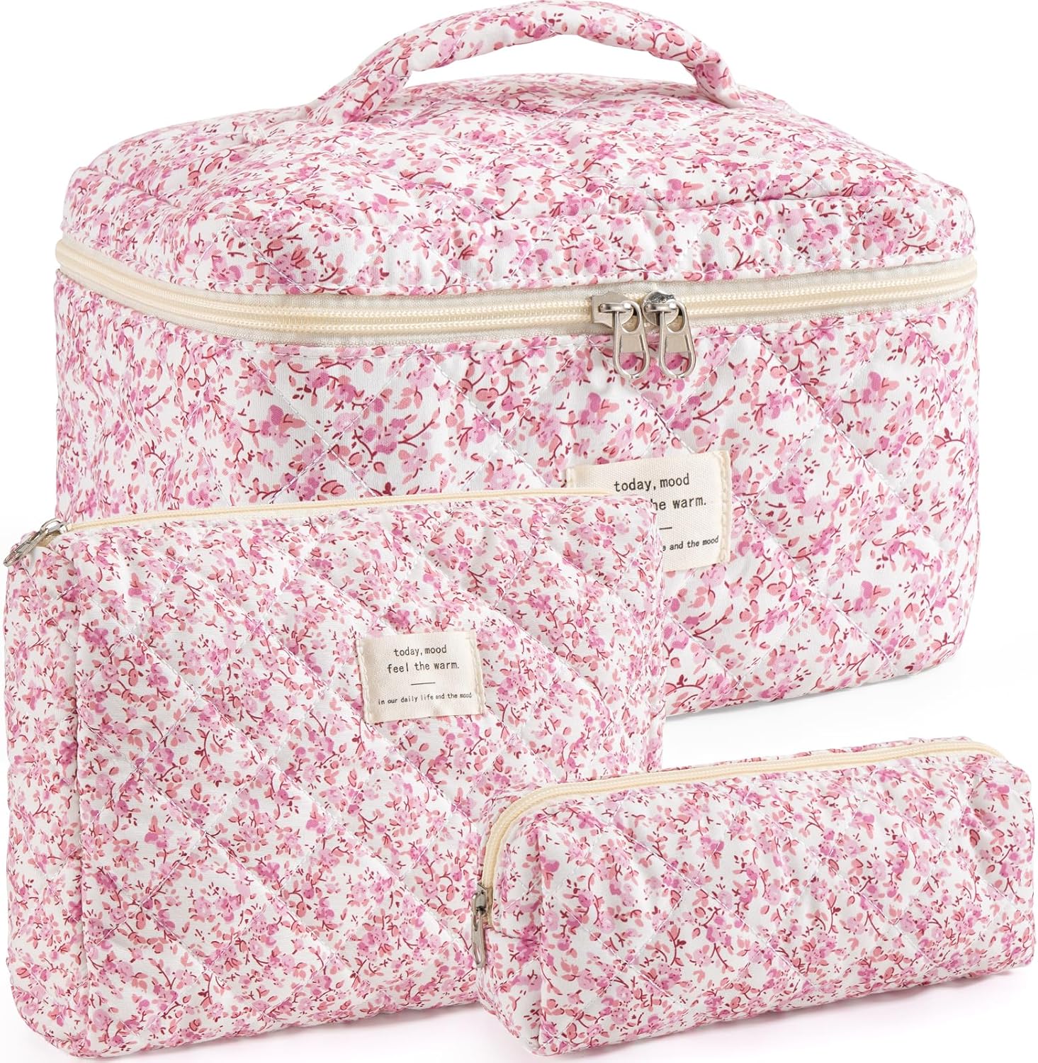 Makeup Bag for Women 3PCS Quilted Cotton Make Up Bag Travel Cosmetic Bag Large Makeup Bag Set Cute Makeups Organizer Floral Toiletry Pouch for Purse, Blush Bloom