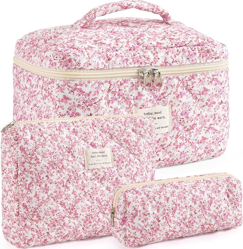 Necessaire de maquiagem UUYUUY com 3 bolsas de algodão matelassado, estampa floral Blush Bloom