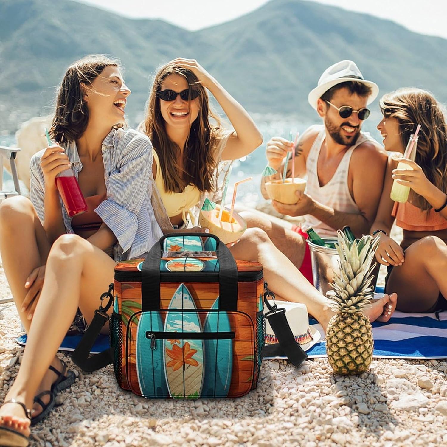 Surfboard on Wooden Cooler Bag Portable Insulated Lunch Bags Leakproof Ice Chest Large Capacity Soft Cooler Tote for Picnic Camping Work Travel Keep Food Drinks Fresh 22.5L