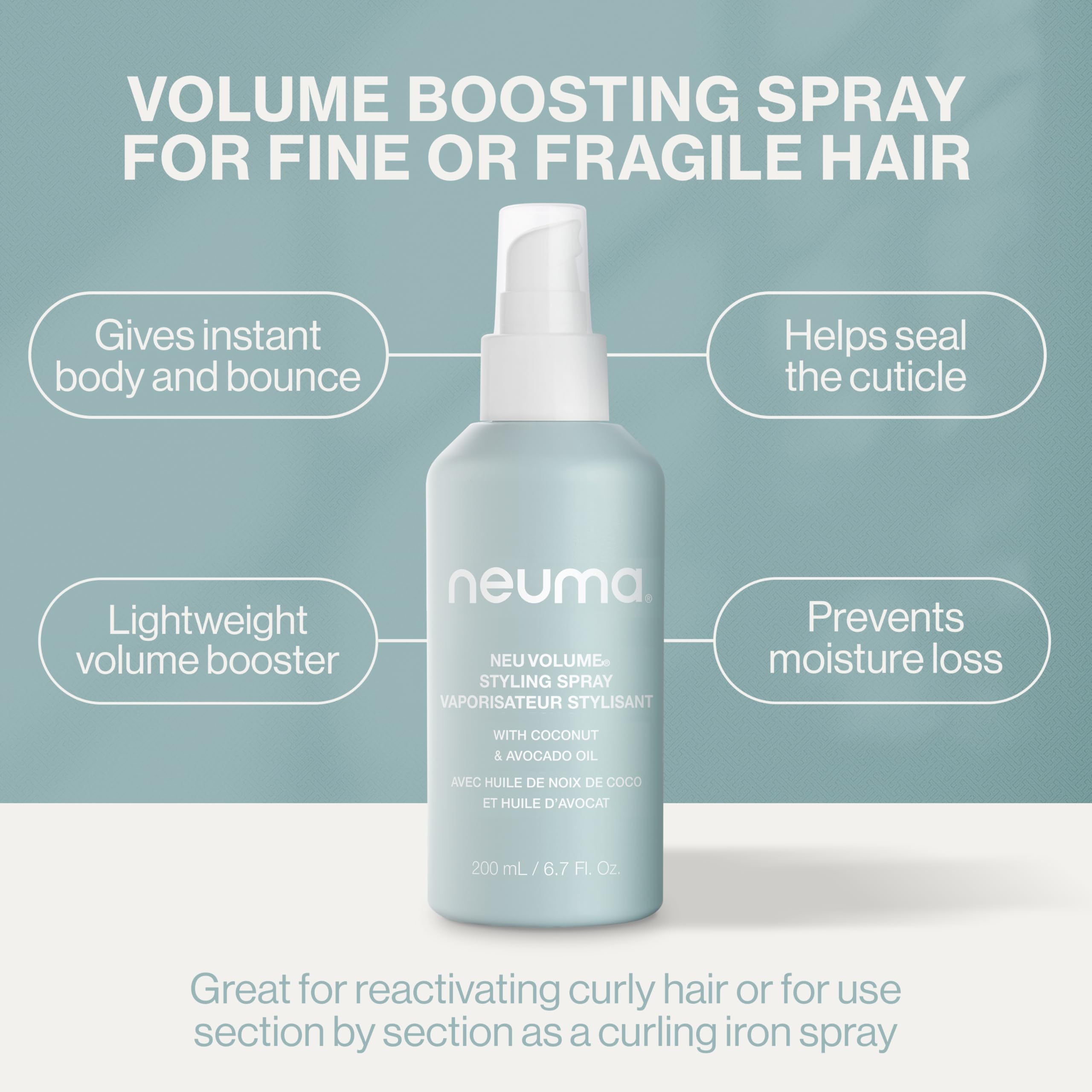 Neuma Neu Volume Styling Hair Spray 6.7 Fl. Oz. Heat Protectant Volumizing Spray with Fennel, Ylang Ylang, Patchouli, and Vanilla Scent, Hair Volumizer for Fine Hair