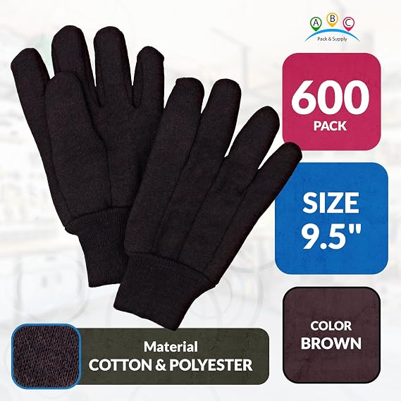 ABC PACK & SUPPLY Jersey Gloves, Brown Cotton Polyester Work Gloves, Reusable Knit Glove with Elastic Wrists