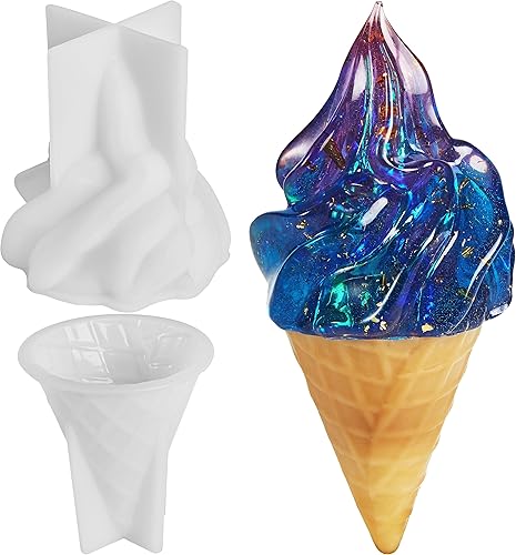 ISSEVE Moldes de resina en forma de helado 3D, 2 moldes de silicona para resina, incluyen molde de cono de helado y molde de crema batida, moldes de