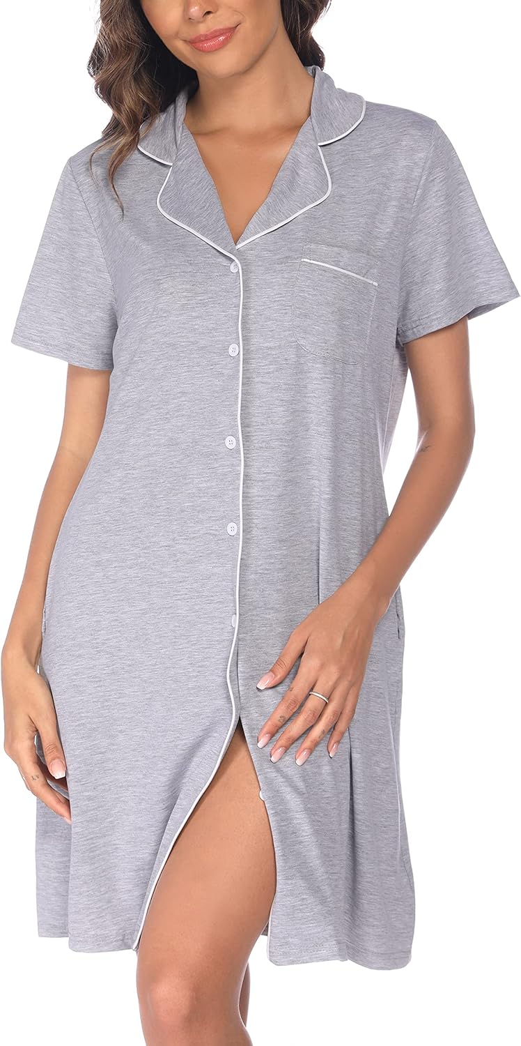 Vlazom Women's Nightgowns Short Sleeve Sleep Shirts Nightshirt V Neck Button Down Pajama Sleepwear S-XXL - Image 9