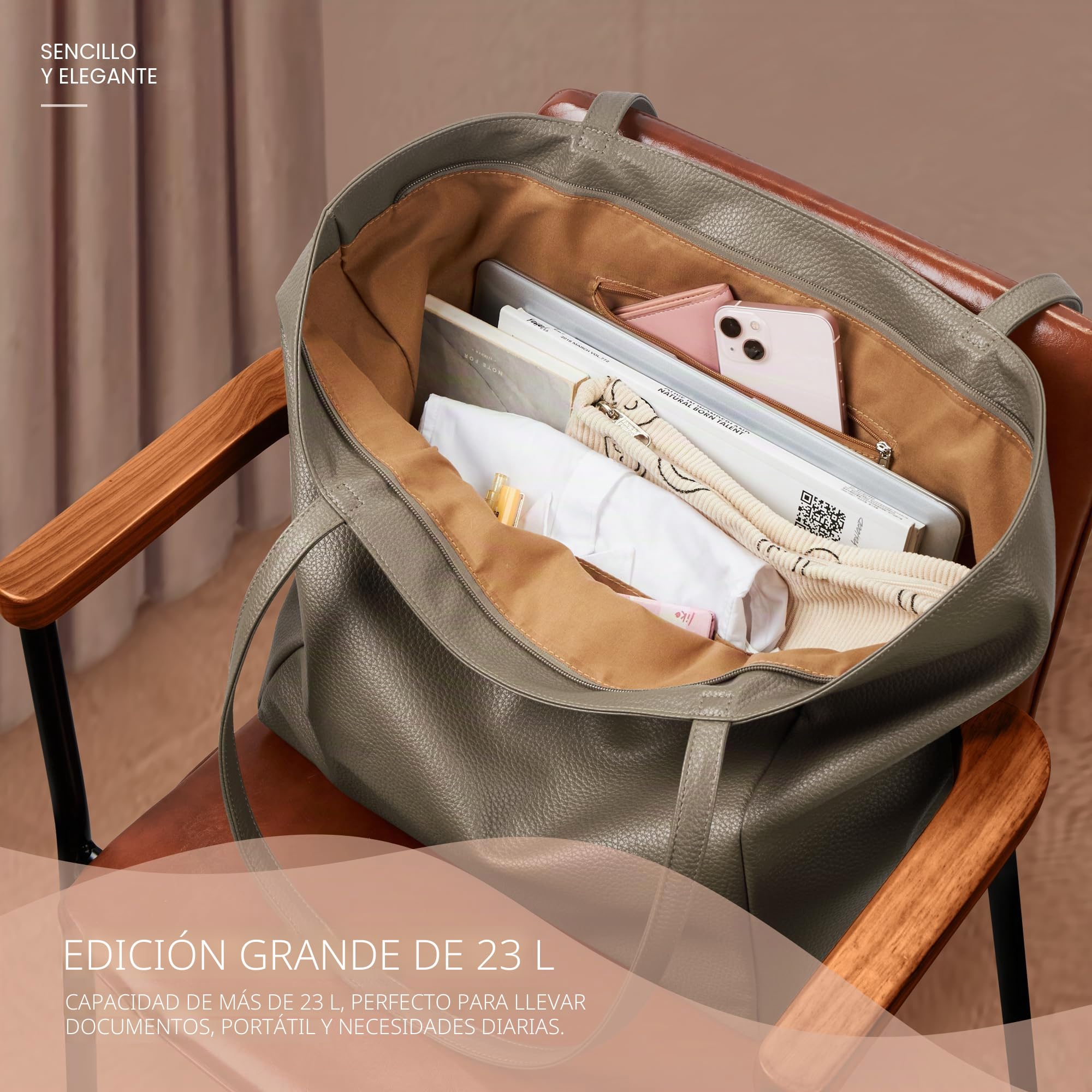 KALIDI Bolsos grandes para mujer, con asa superior, de piel sintética, con cremallera, para el trabajo, compras, escuela, viajes