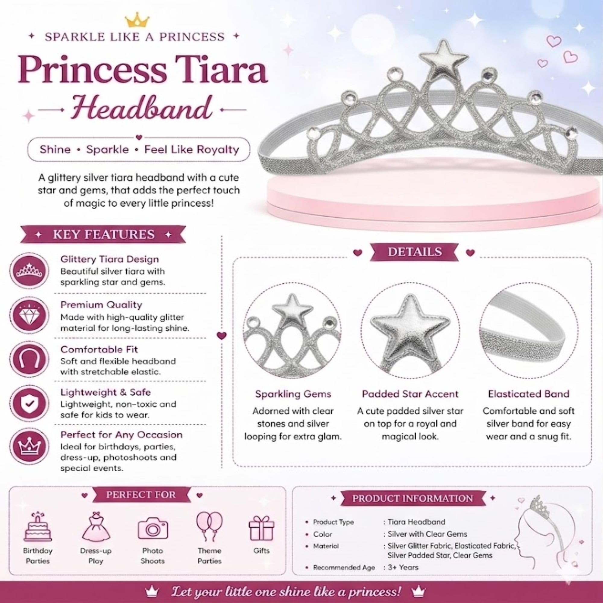 Babymoon Baby Girl Rhinestone Crown Headbands Toddler Princess Acrylic Headband Hair Accessories Glittering for Girls | Silver 1